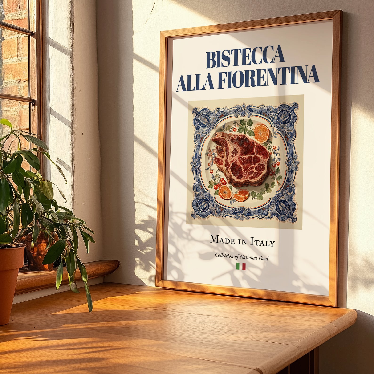 Bistecca alla Fiorentina – Italian Meat Dish, Fine Dining Restaurant Poster, no-text version framed in wood