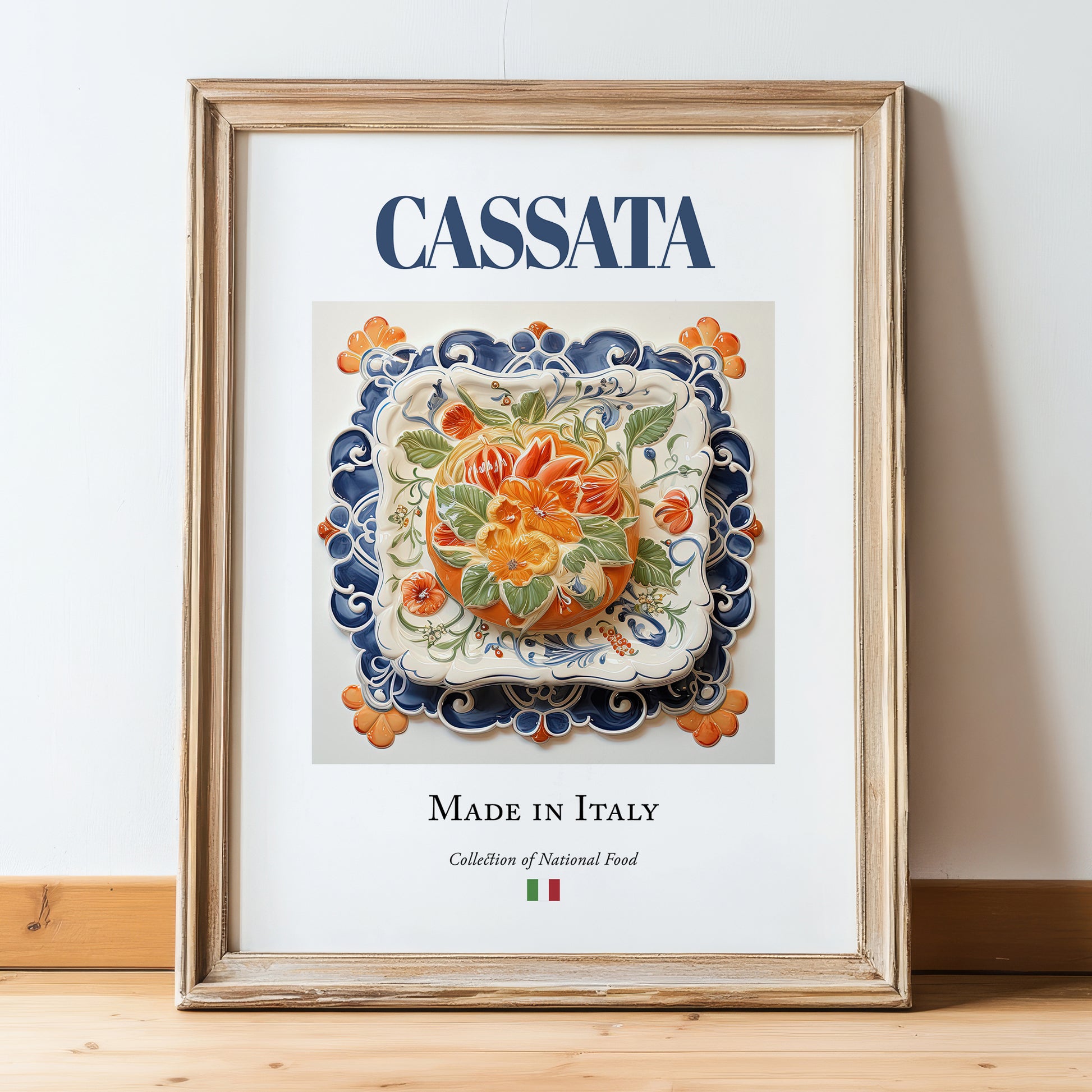 Cassata – Italian Dessert Dish, Restaurant Poster, in wooden frame leaning on the floor