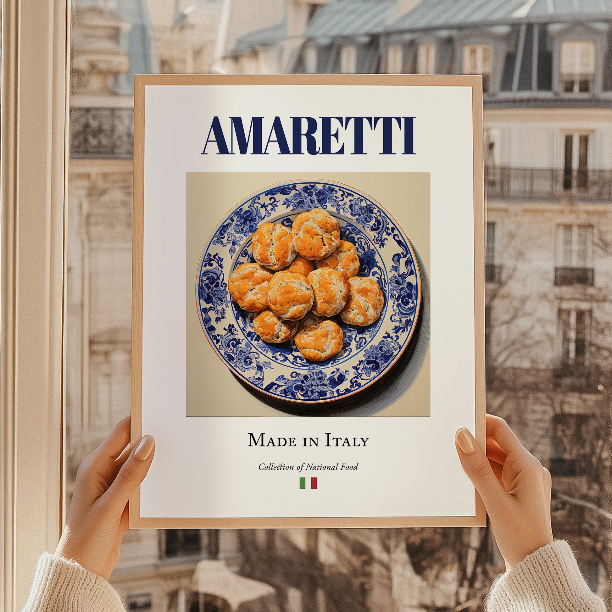 Amaretti – Italian Dessert Dish, Fine Dining Restaurant Illustration, styled in a charming Paris street view