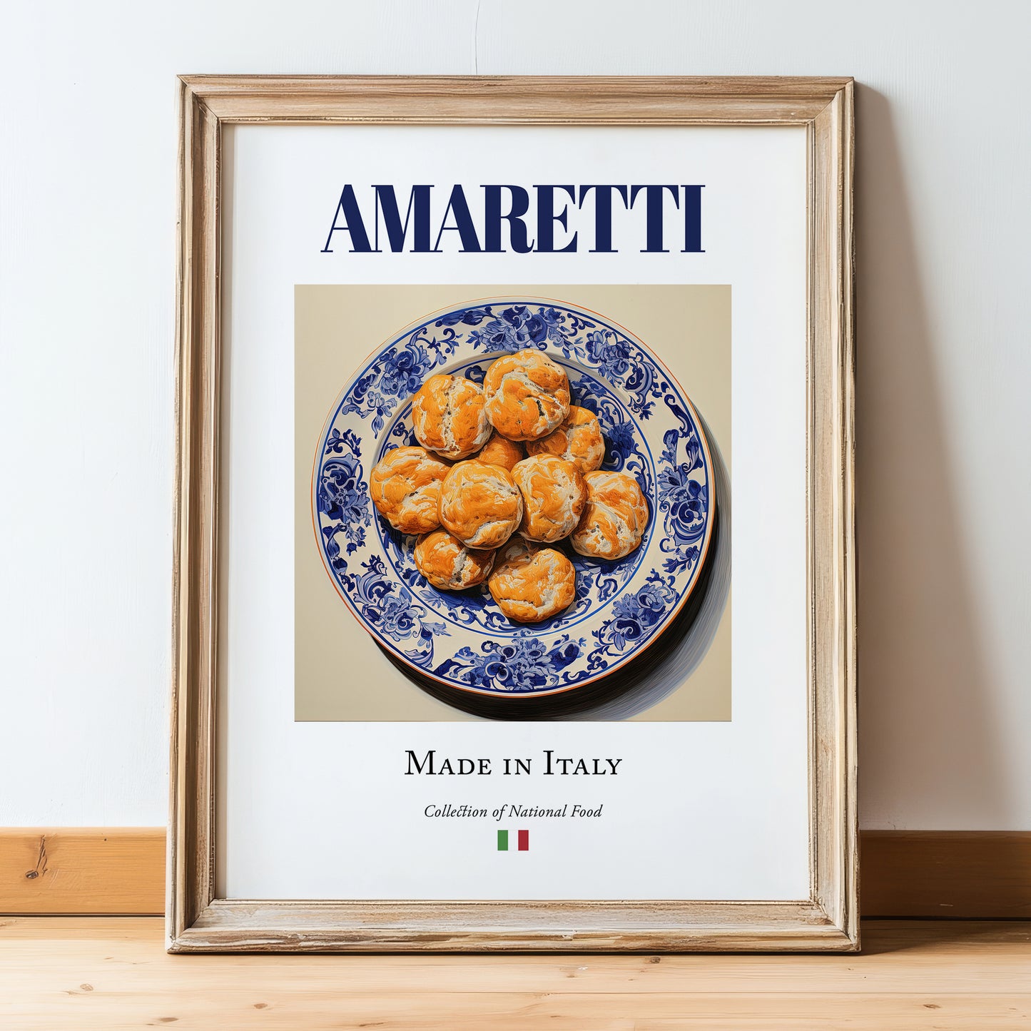 Amaretti – Italian Dessert Dish, Fine Dining Restaurant Illustration, in wooden frame leaning on the floor
