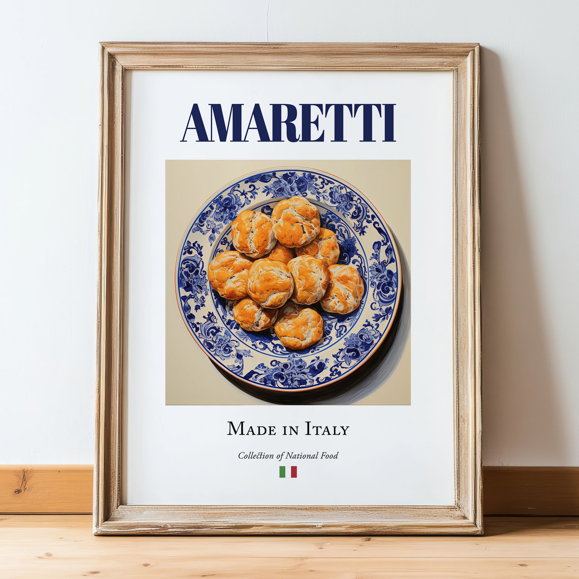 Amaretti – Italian Dessert Dish, Fine Dining Restaurant Illustration, in wooden frame leaning on the floor