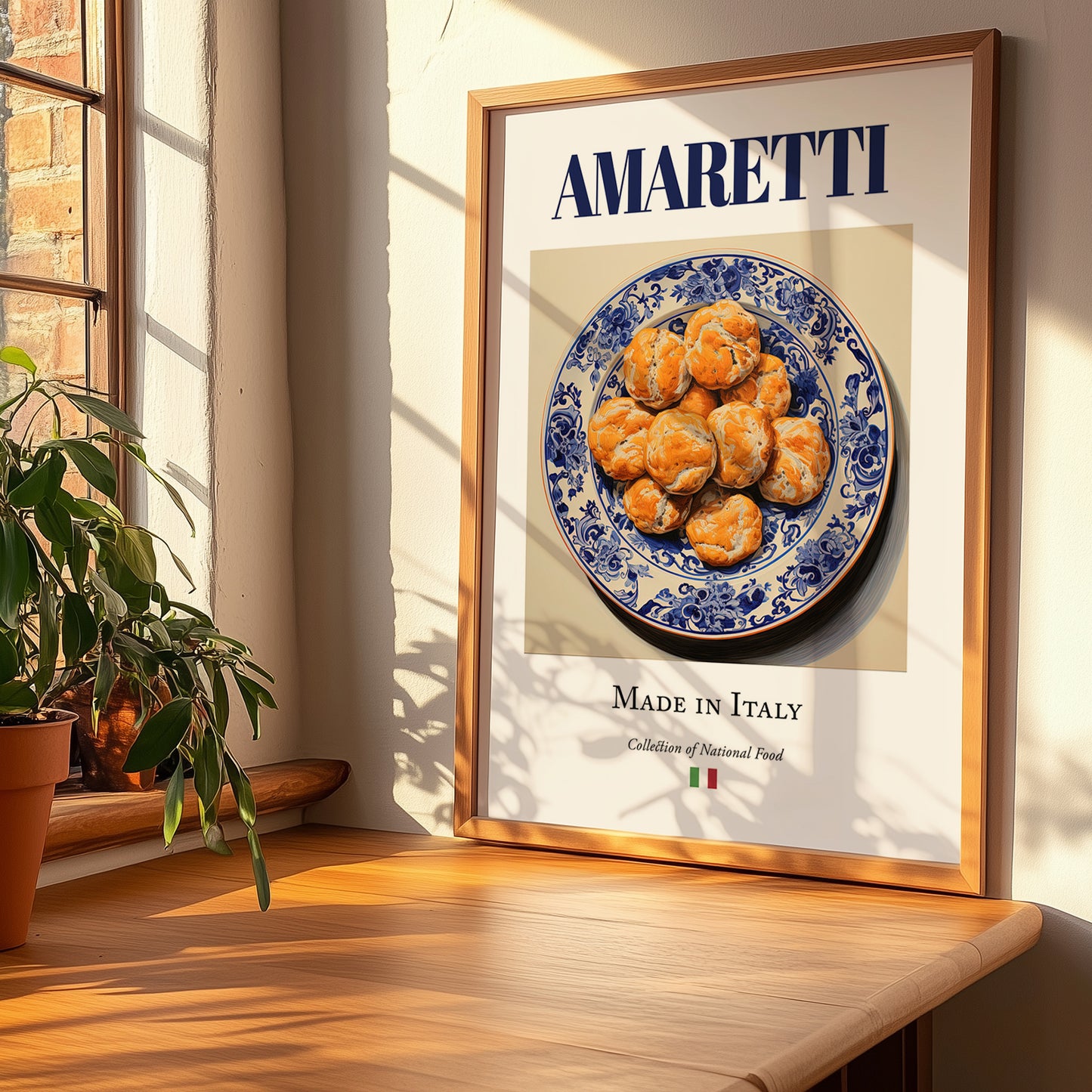 Amaretti – Italian Dessert Dish, Fine Dining Restaurant Illustration, no-text version framed in wood