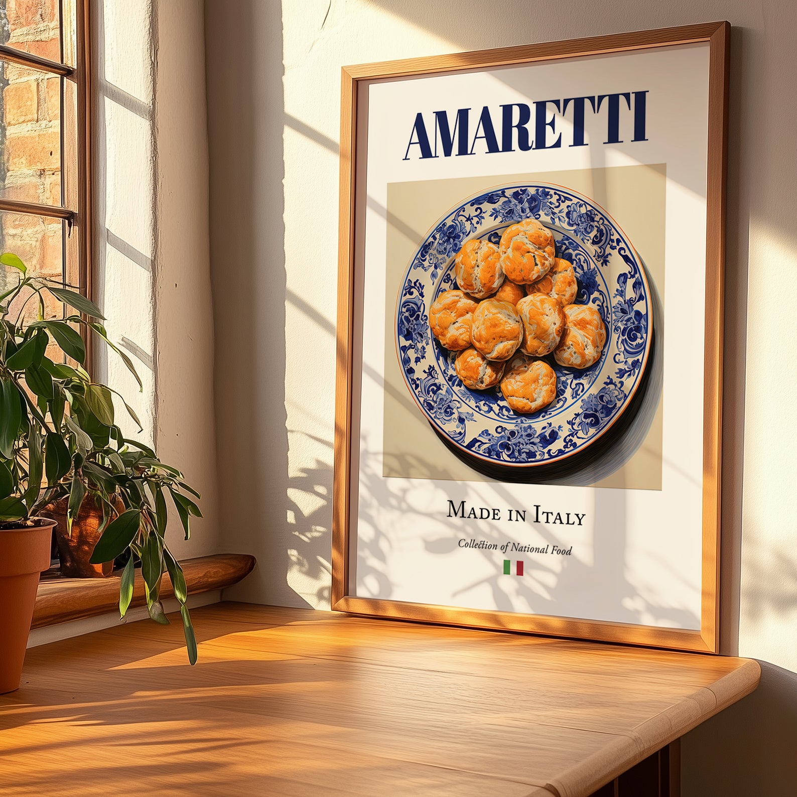 Amaretti – Italian Dessert Dish, Fine Dining Restaurant Illustration, no-text version framed in wood