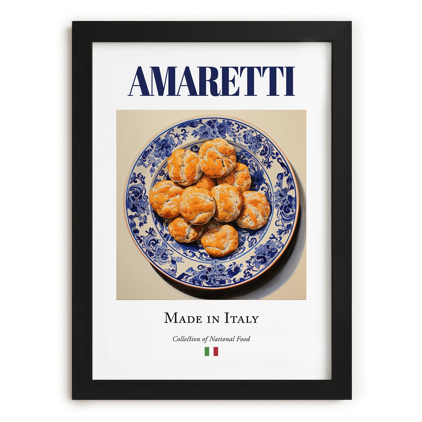 Amaretti – Italian Dessert Dish, Fine Dining Restaurant Illustration, in sleek black frame