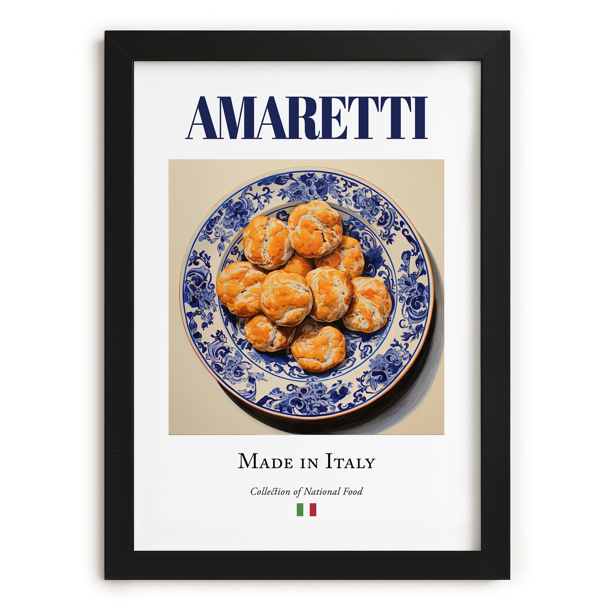 Amaretti – Italian Dessert Dish, Fine Dining Restaurant Illustration, in sleek black frame