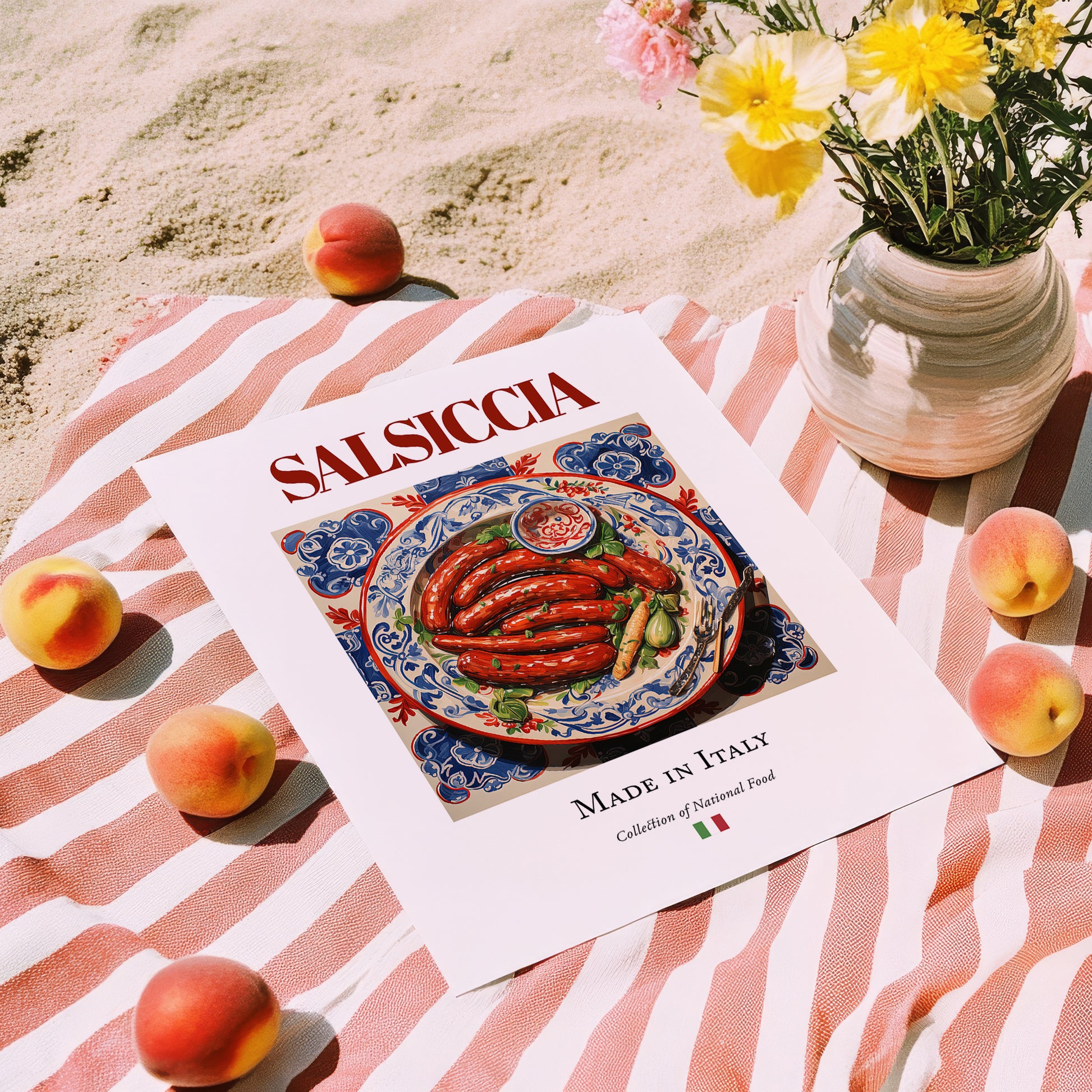 Salsiccia – Italian Meat Dish, Restaurant Print, unframed on coastal sand