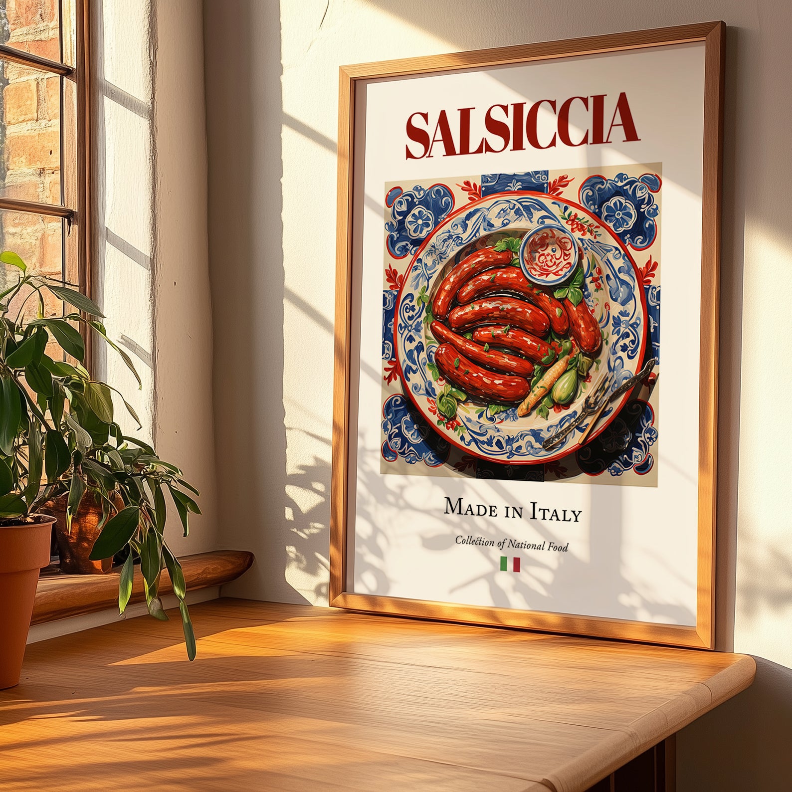 Salsiccia – Italian Meat Dish, Restaurant Print, no-text version framed in wood