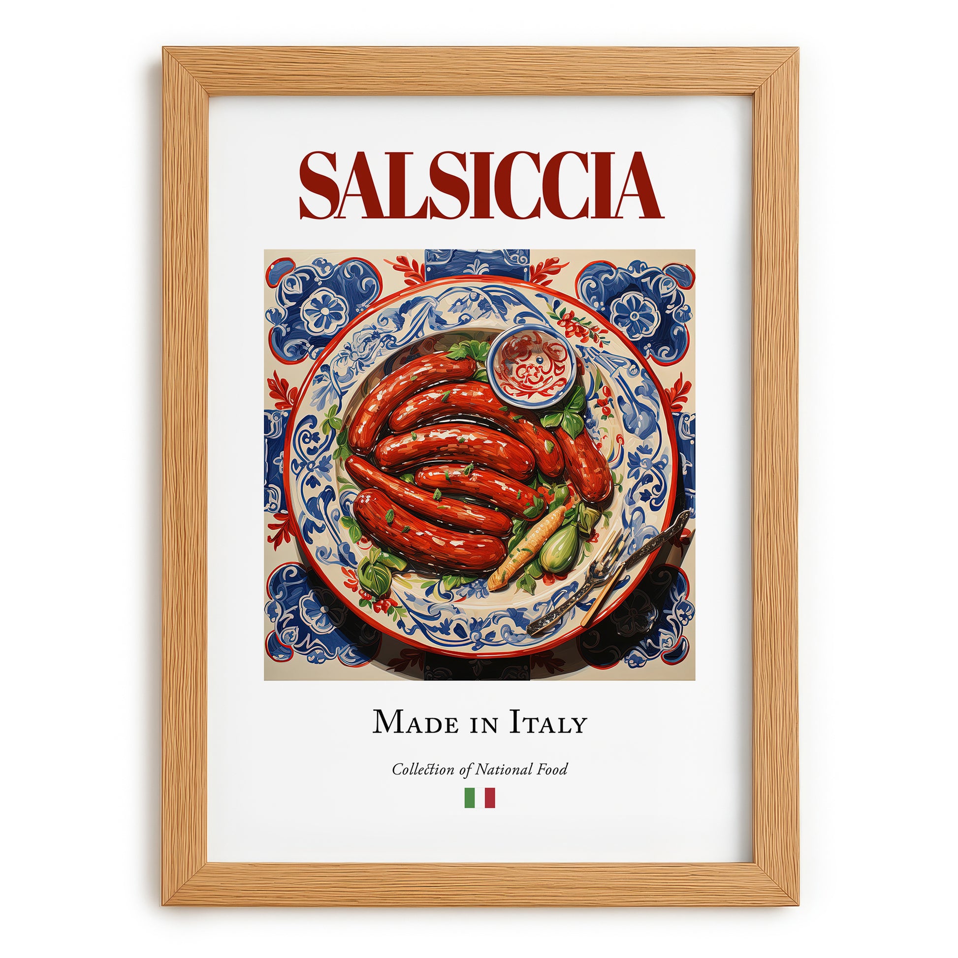Salsiccia – Italian Meat Dish, Restaurant Print, set in oak frame