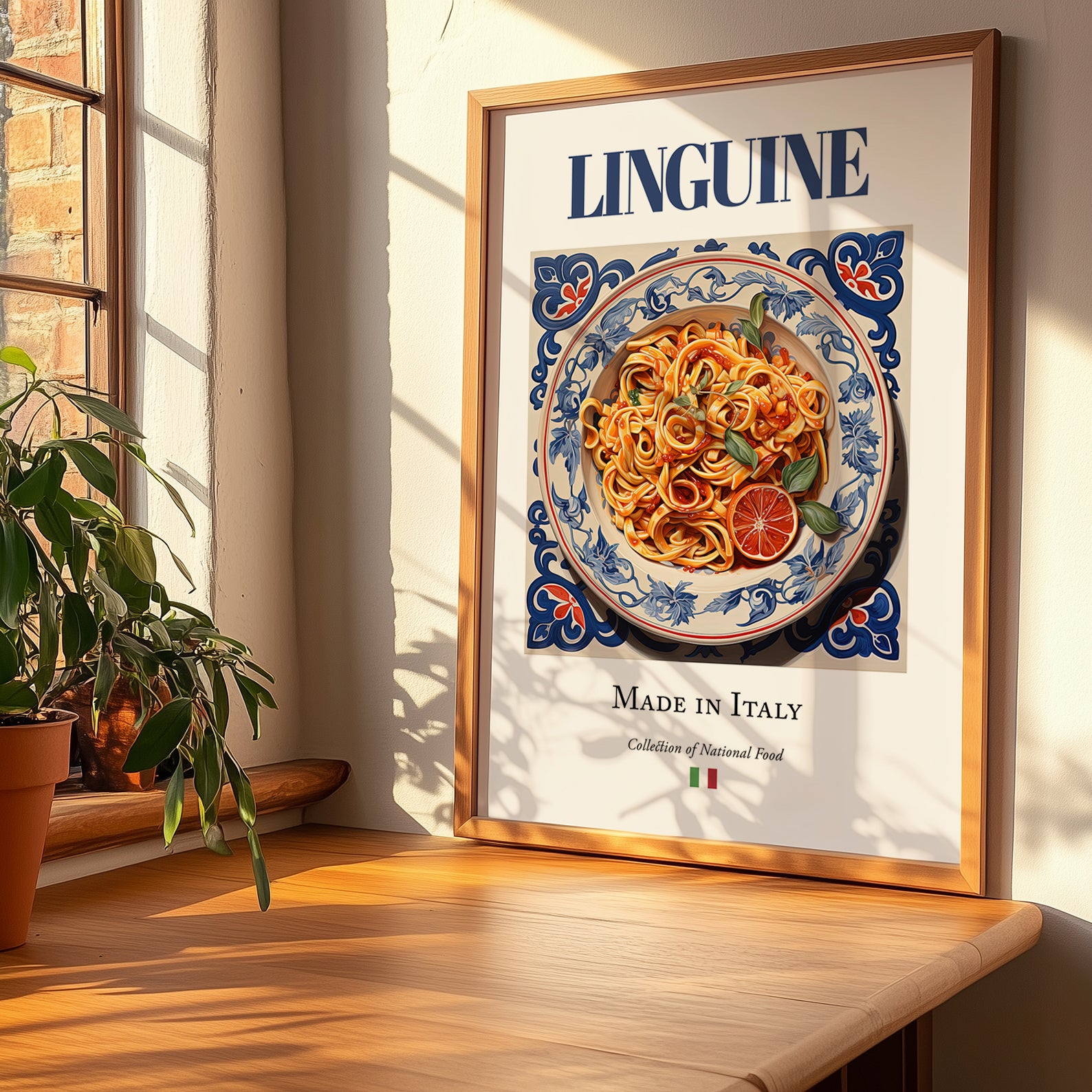Linguine – Italian Pasta, Ristorante Painting, no-text version framed in wood
