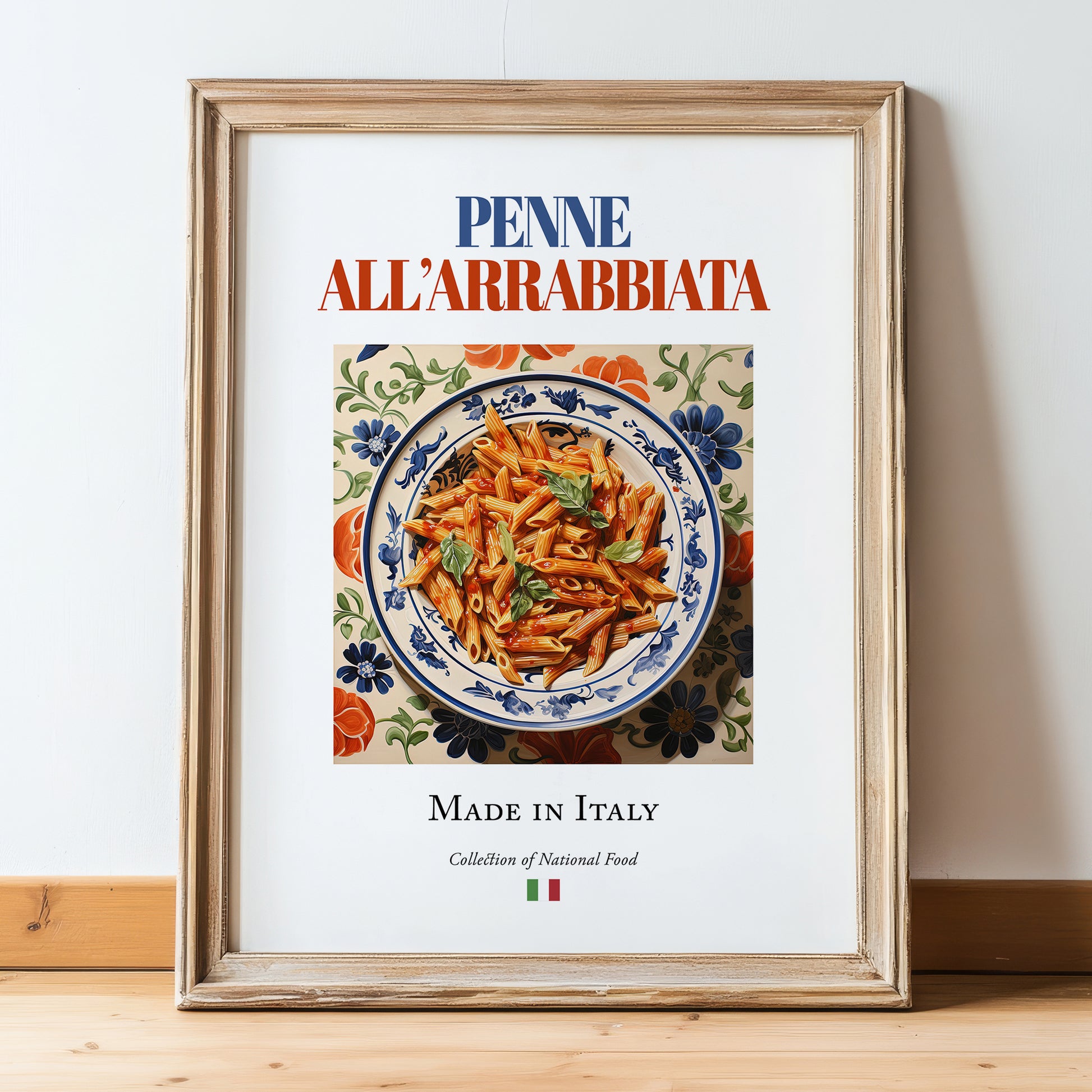 Penne all'arrabbiata – Italian Pasta, Osteria Painting, in wooden frame leaning on the floor