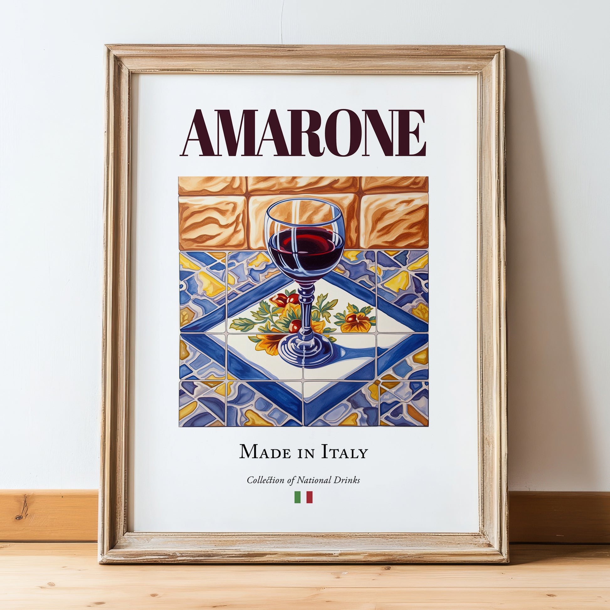 Amarone – Italian Red Wine, Wine Bar Illustration, in wooden frame leaning on the floor