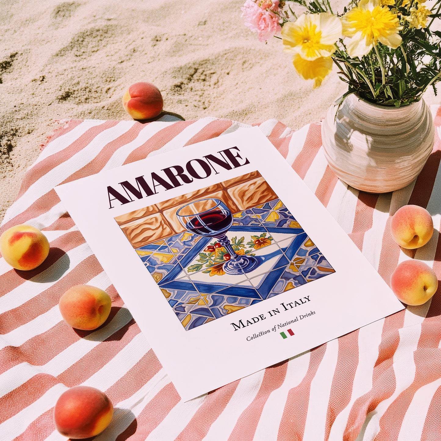 Amarone – Italian Red Wine, Wine Bar Illustration, unframed on coastal sand