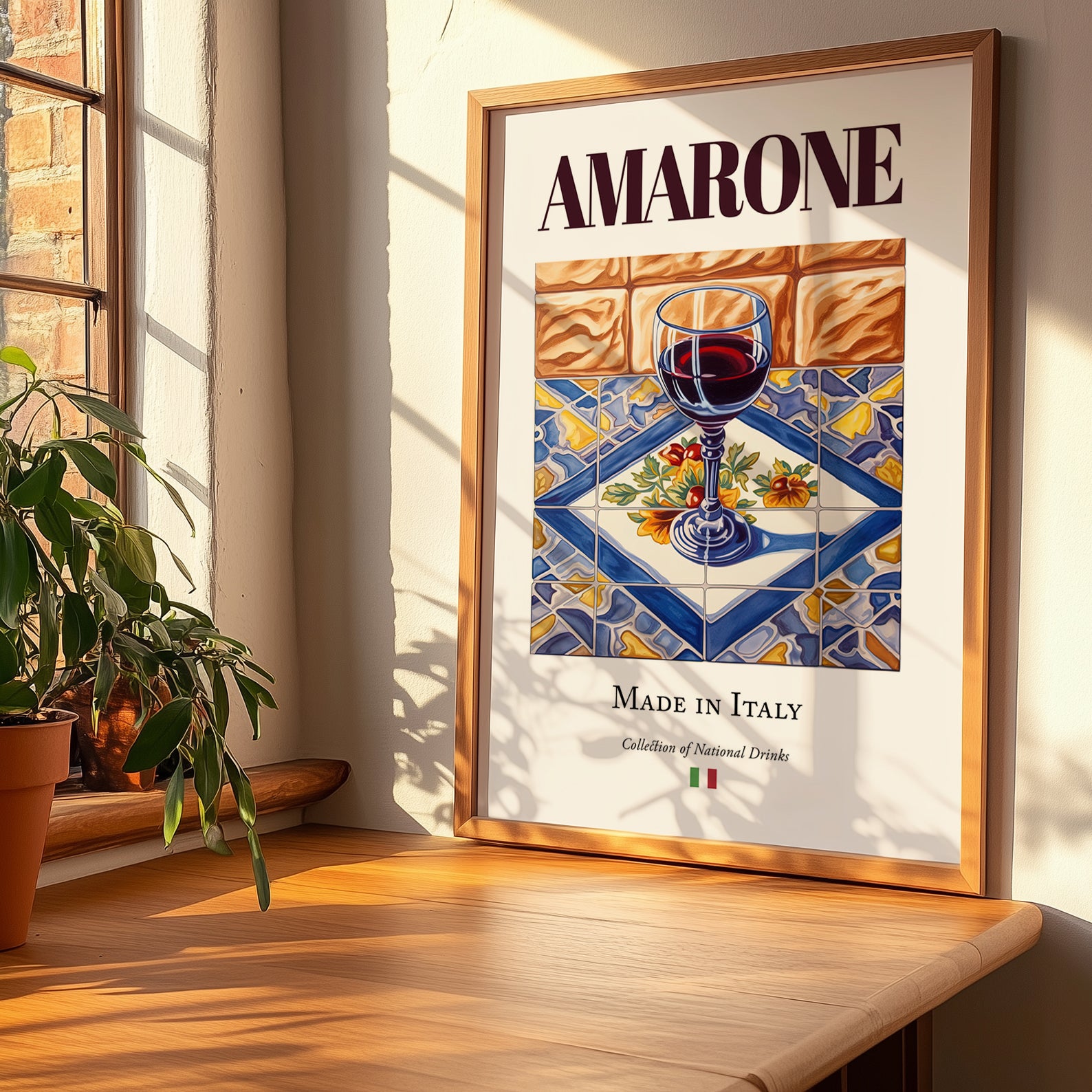 Amarone – Italian Red Wine, Wine Bar Illustration, no-text version framed in wood