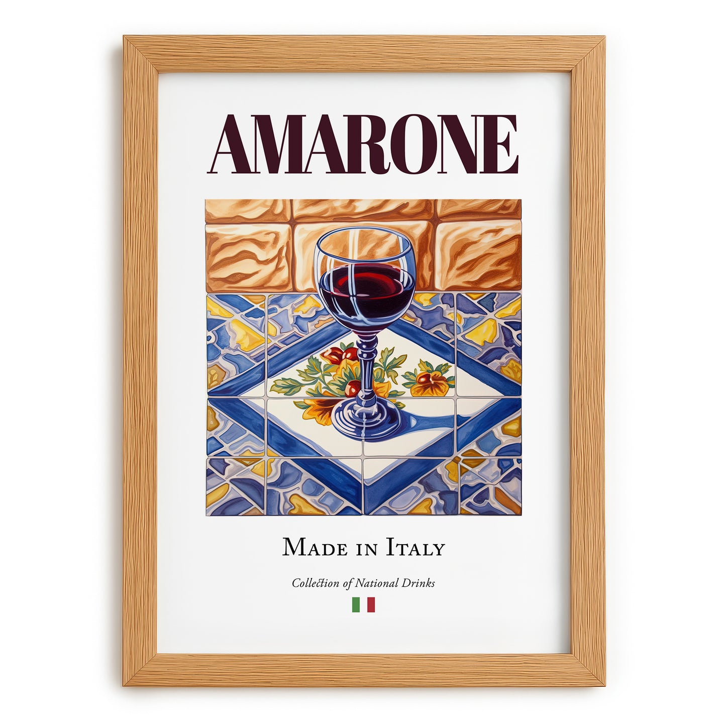 Amarone – Italian Red Wine, Wine Bar Illustration, set in oak frame
