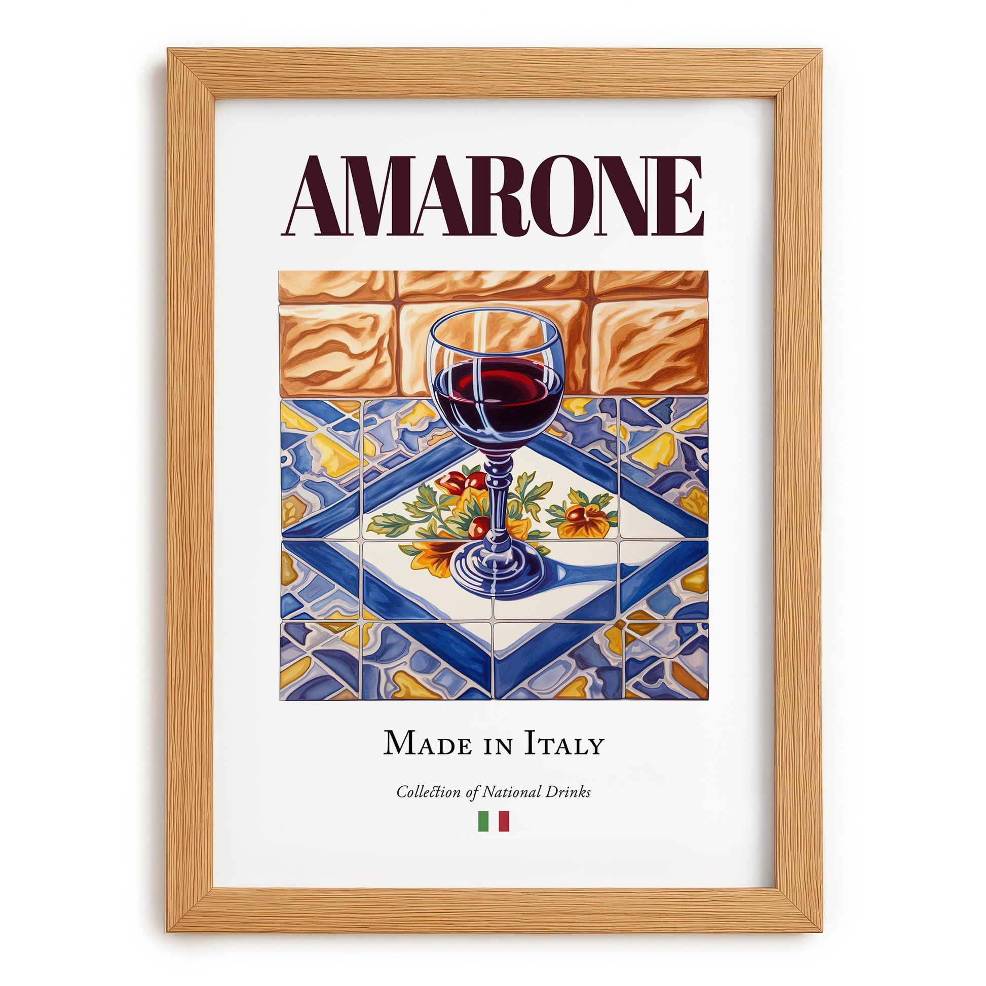 Amarone – Italian Red Wine, Wine Bar Illustration, set in oak frame