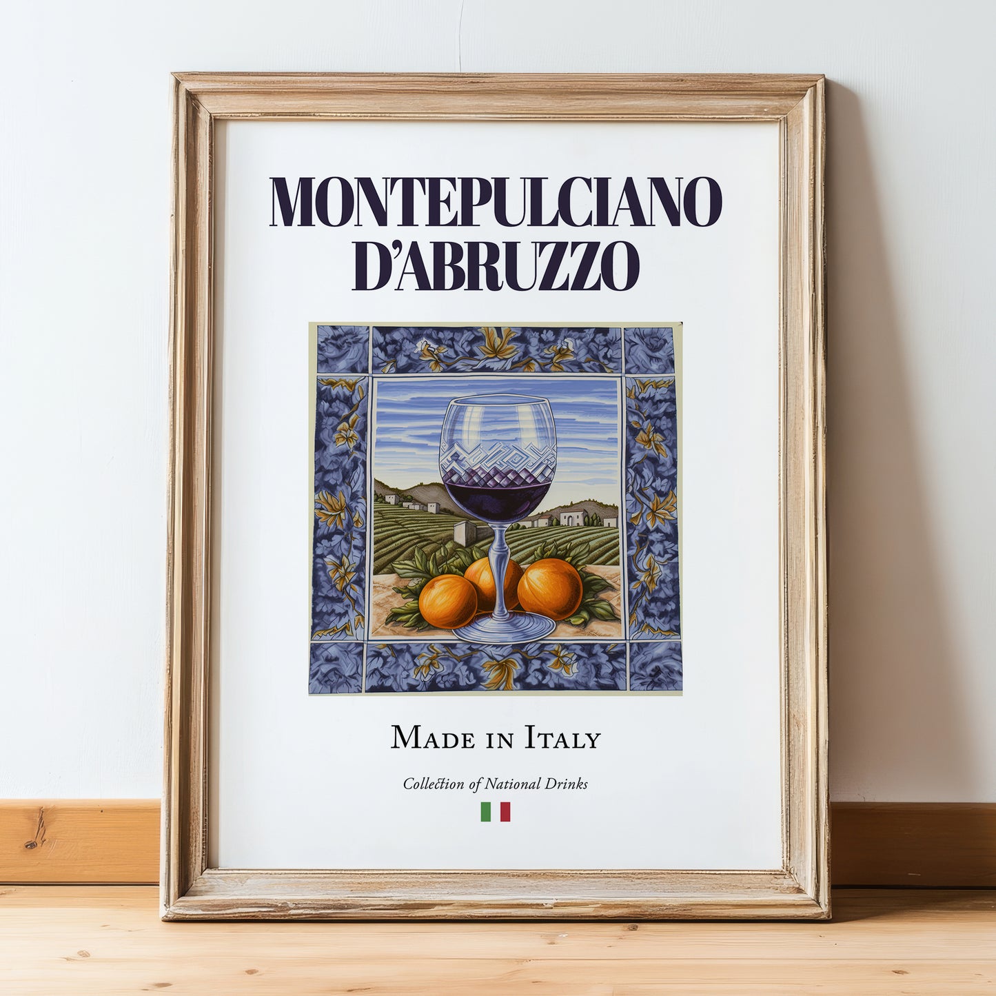 Montepulciano d'Abruzzo – Italian Red Wine, Vinoteca Poster, in wooden frame leaning on the floor