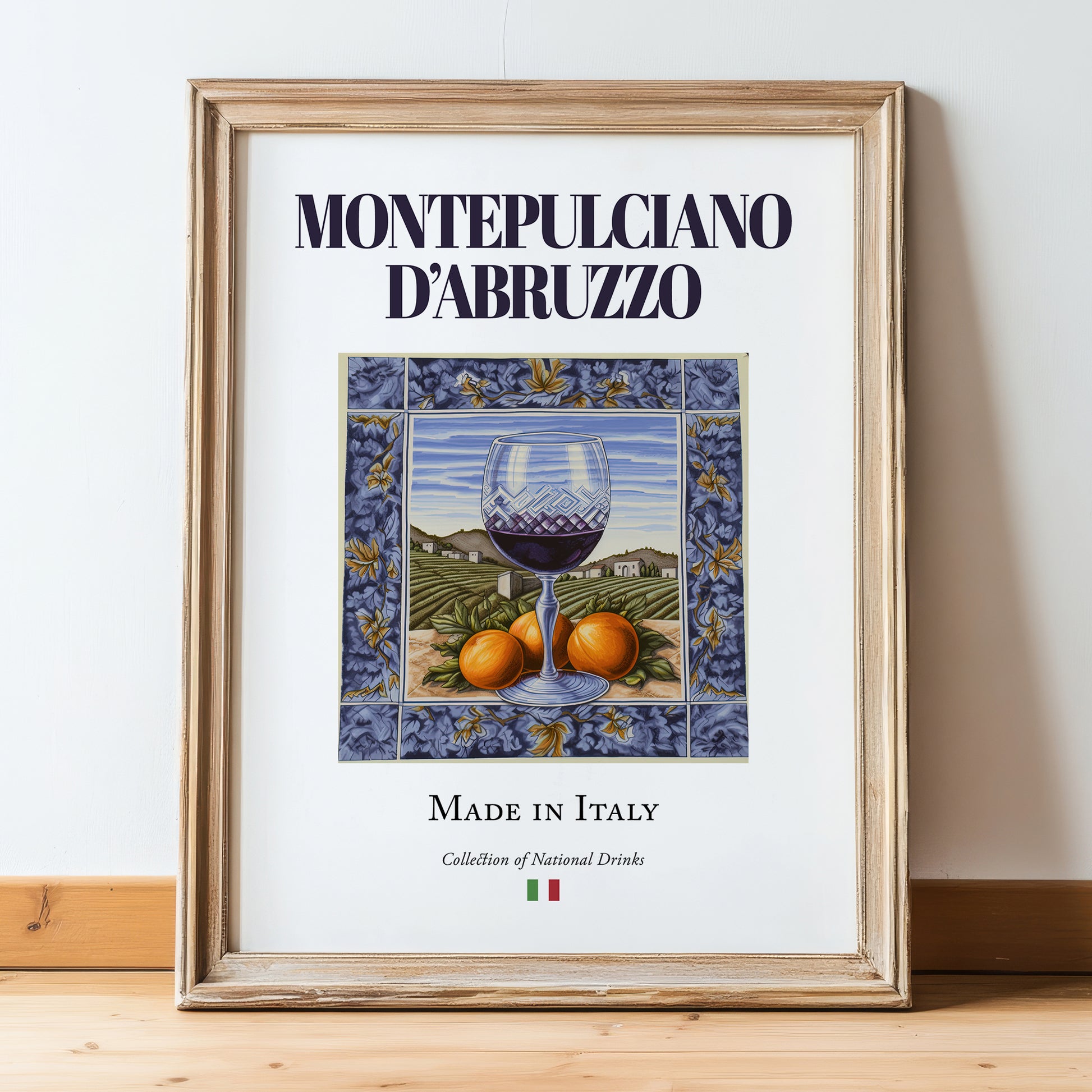 Montepulciano d'Abruzzo – Italian Red Wine, Vinoteca Poster, in wooden frame leaning on the floor