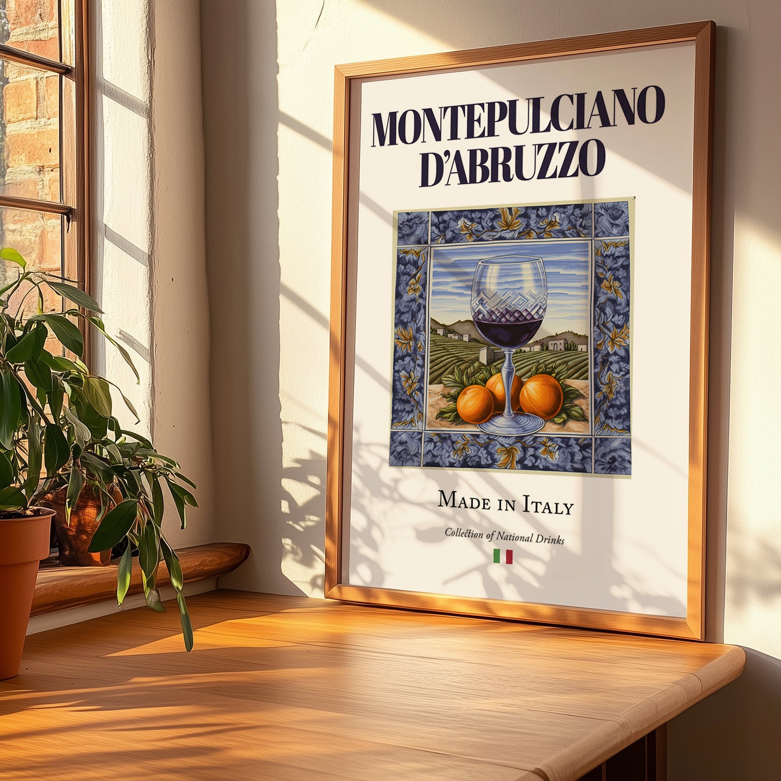 Montepulciano d'Abruzzo – Italian Red Wine, Vinoteca Poster, no-text version framed in wood