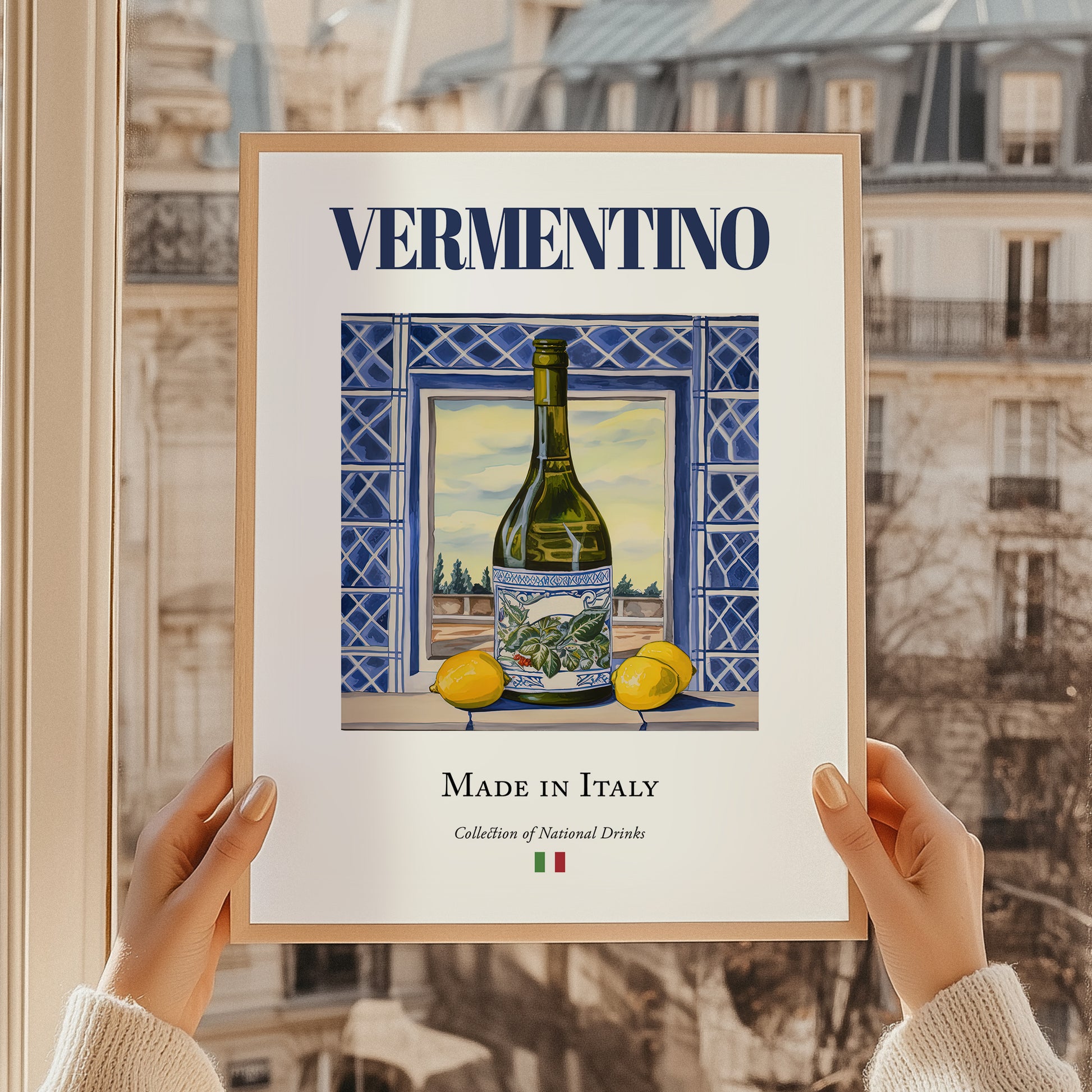 Vermentino – Italian White Wine, Vineyard Terrace Illustration, styled in a charming Paris street view
