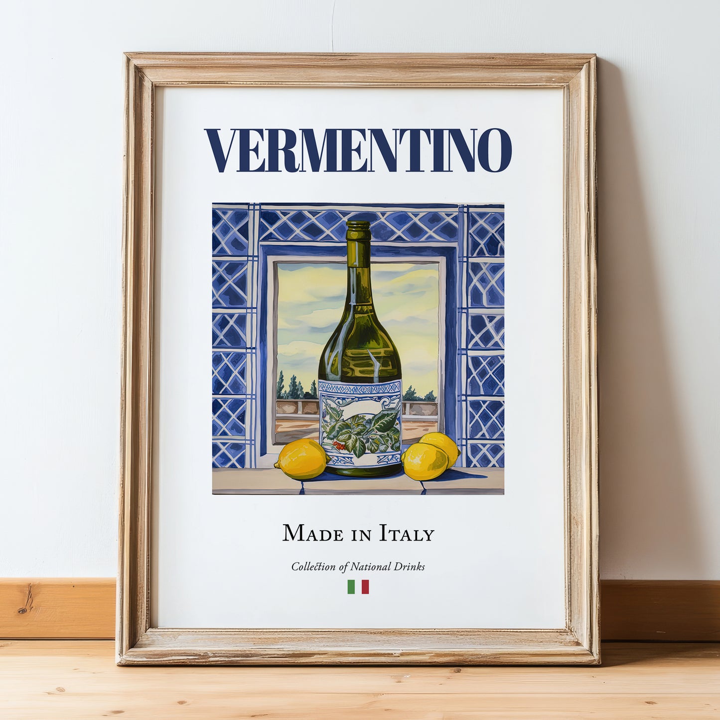 Vermentino – Italian White Wine, Vineyard Terrace Illustration, in wooden frame leaning on the floor