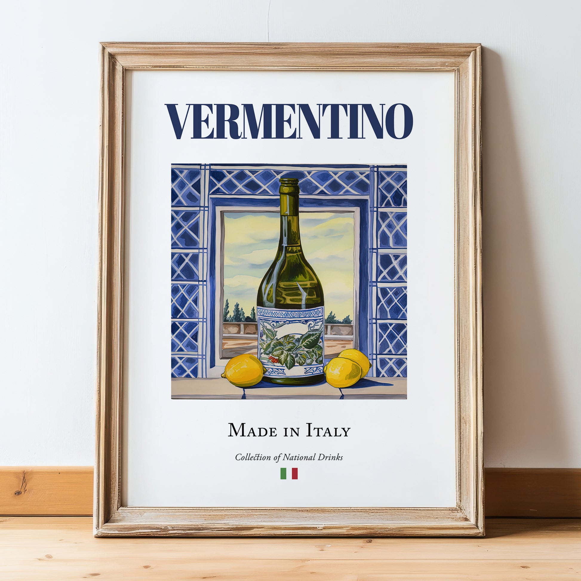 Vermentino – Italian White Wine, Vineyard Terrace Illustration, in wooden frame leaning on the floor