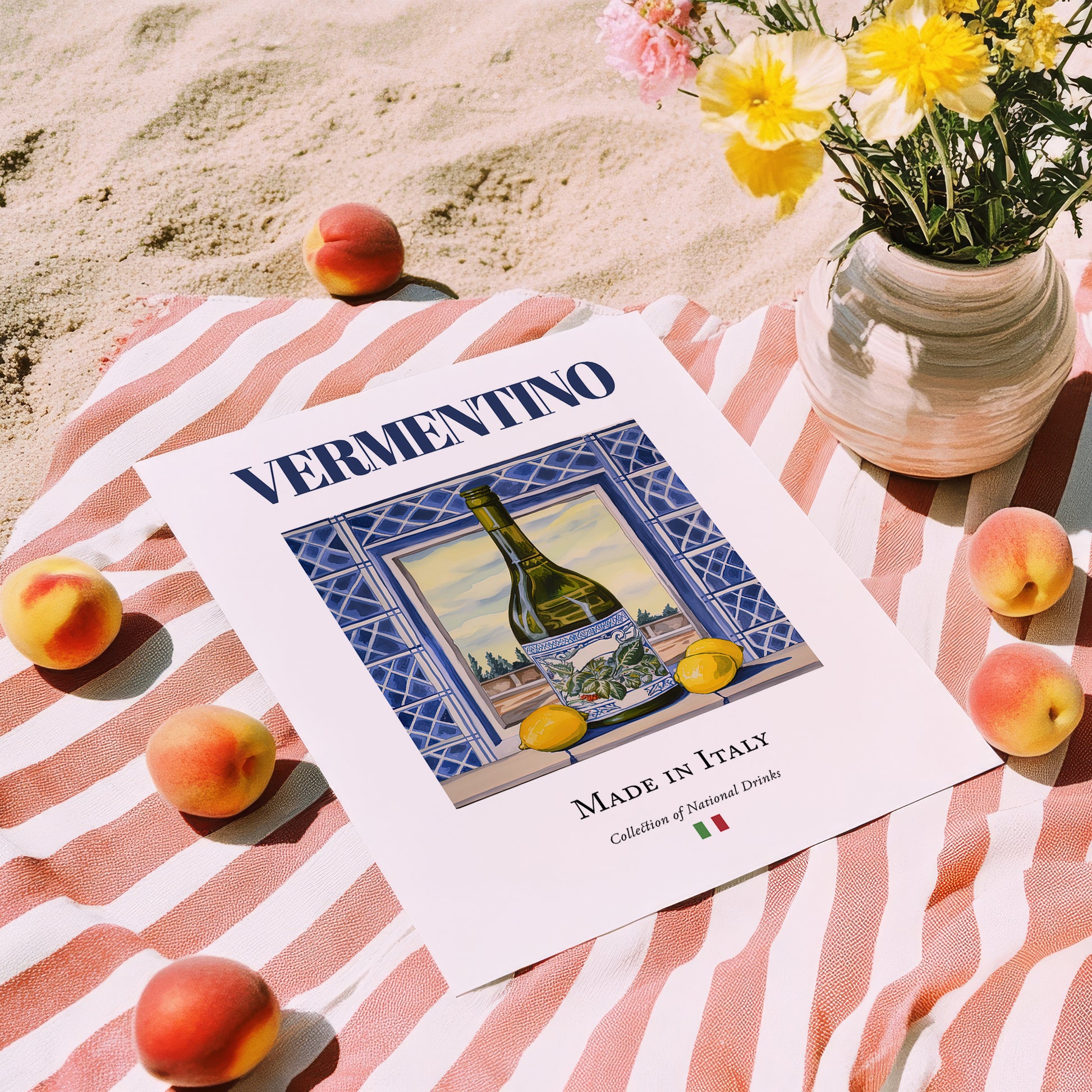 Vermentino – Italian White Wine, Vineyard Terrace Illustration, unframed on coastal sand
