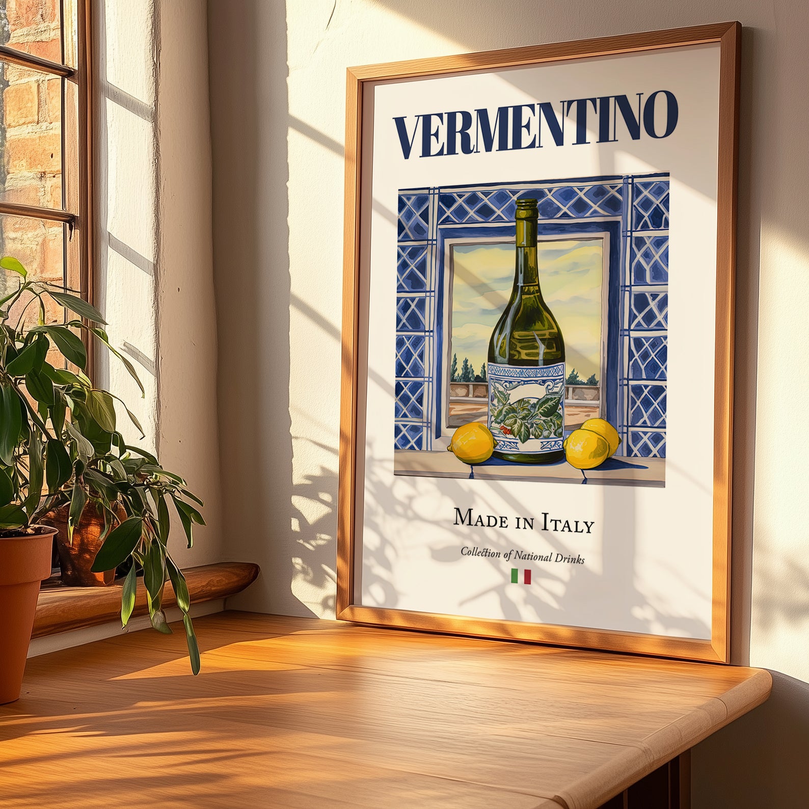 Vermentino – Italian White Wine, Vineyard Terrace Illustration, no-text version framed in wood