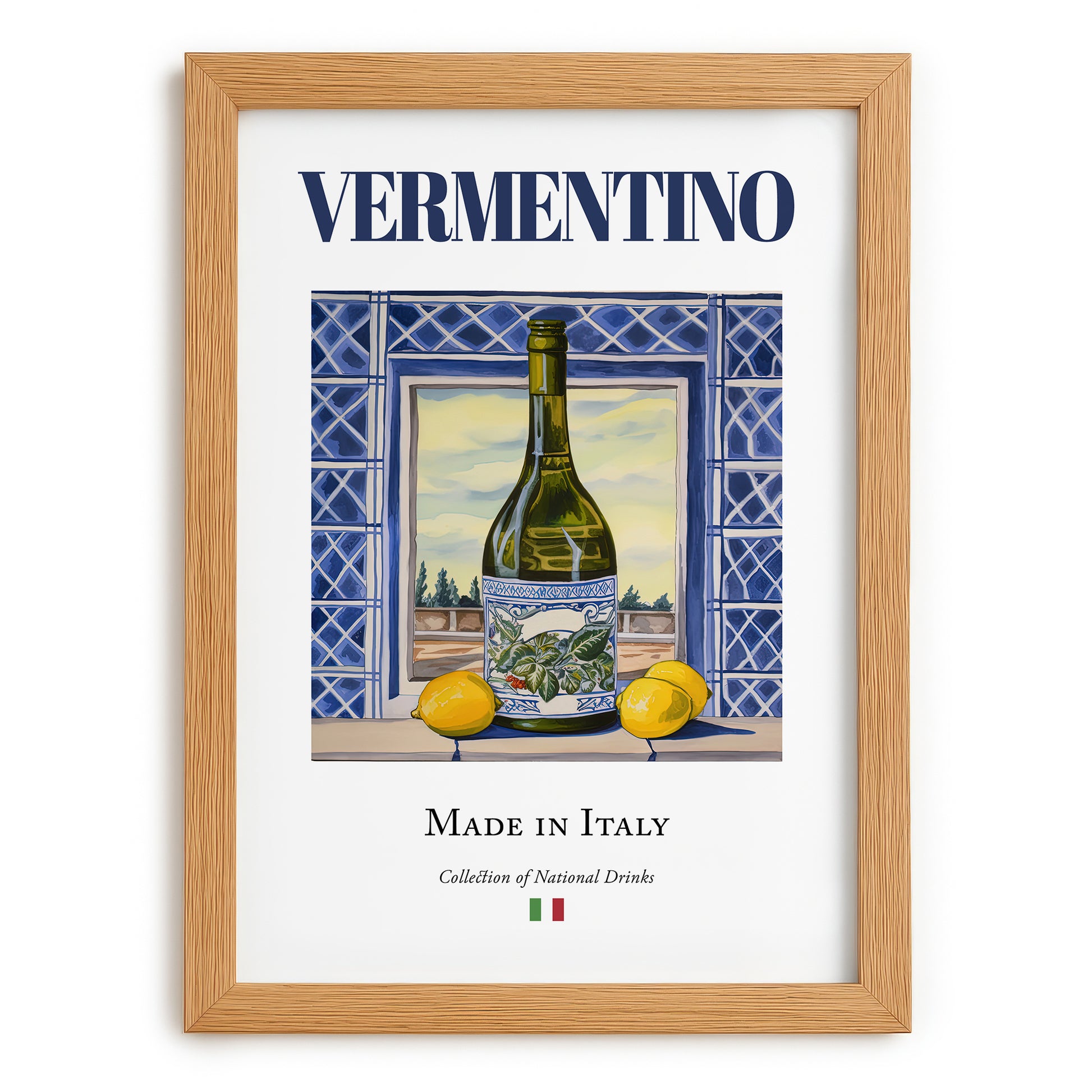 Vermentino – Italian White Wine, Vineyard Terrace Illustration, set in oak frame