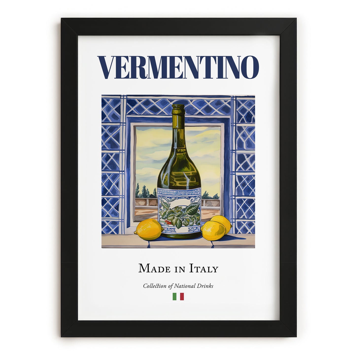 Vermentino – Italian White Wine, Vineyard Terrace Illustration, in sleek black frame