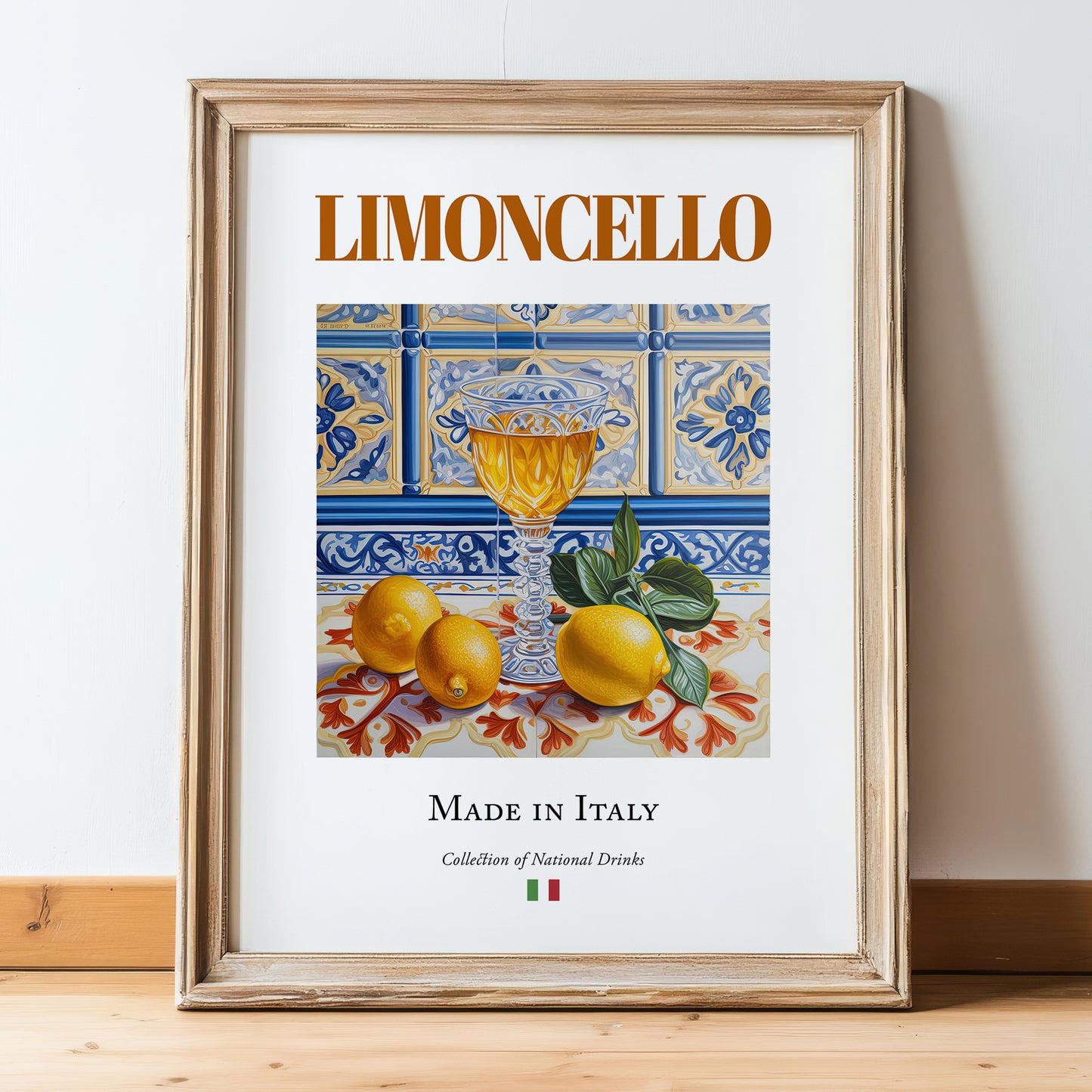 Limoncello – Italian Liqueur Drink, Rooftop Terrace Poster, in wooden frame leaning on the floor