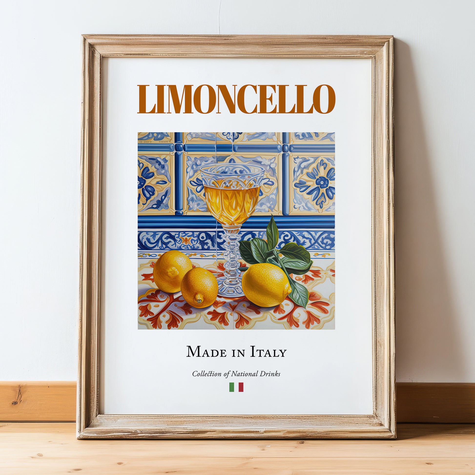Limoncello – Italian Liqueur Drink, Rooftop Terrace Poster, in wooden frame leaning on the floor