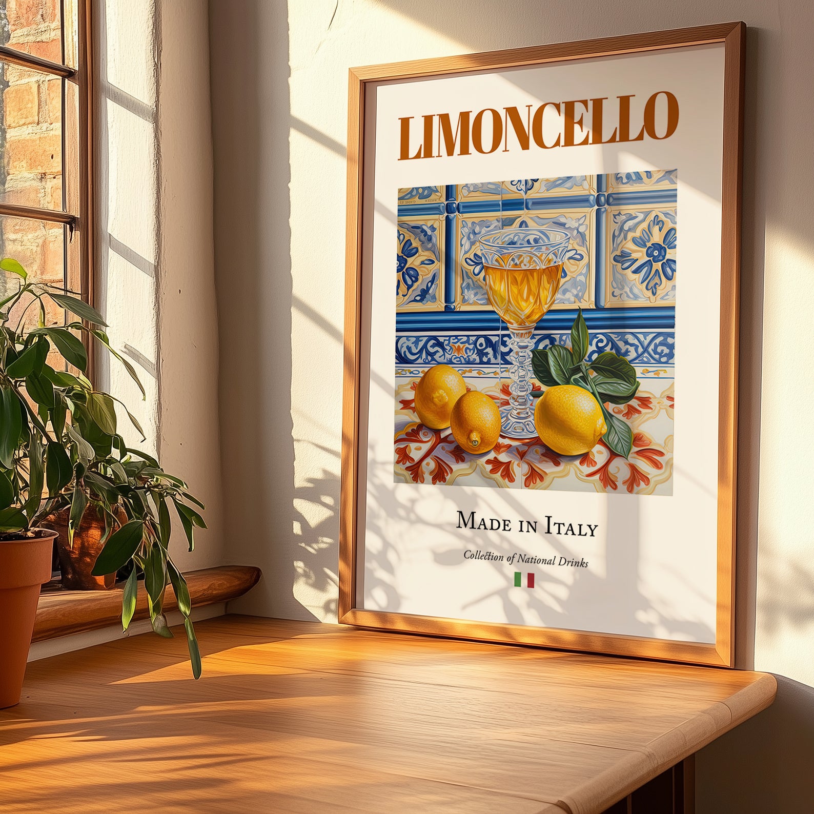 Limoncello – Italian Liqueur Drink, Rooftop Terrace Poster, no-text version framed in wood