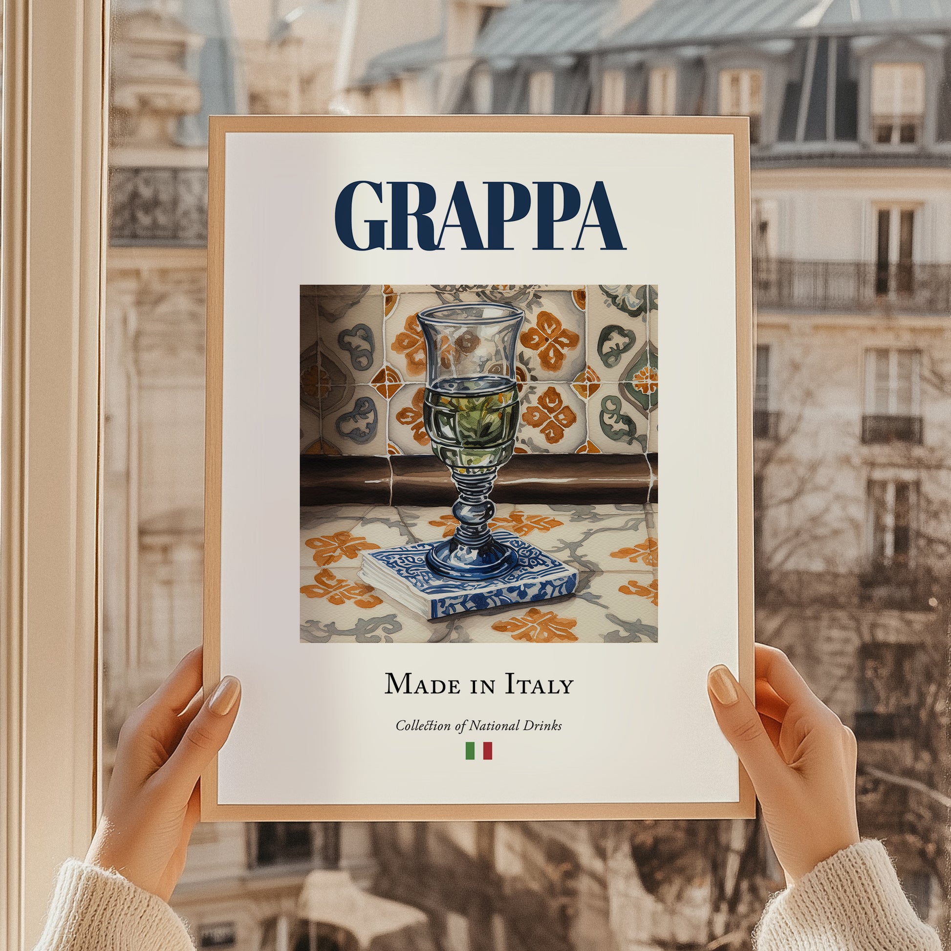 Grappa – Italian Spirit Drink, Jazz Bar Print, styled in a charming Paris street view