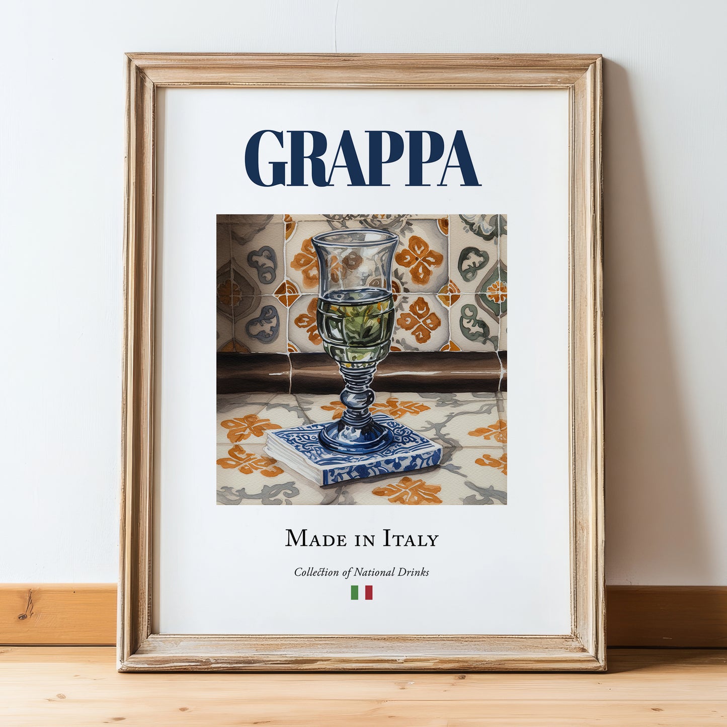 Grappa – Italian Spirit Drink, Jazz Bar Print, in wooden frame leaning on the floor