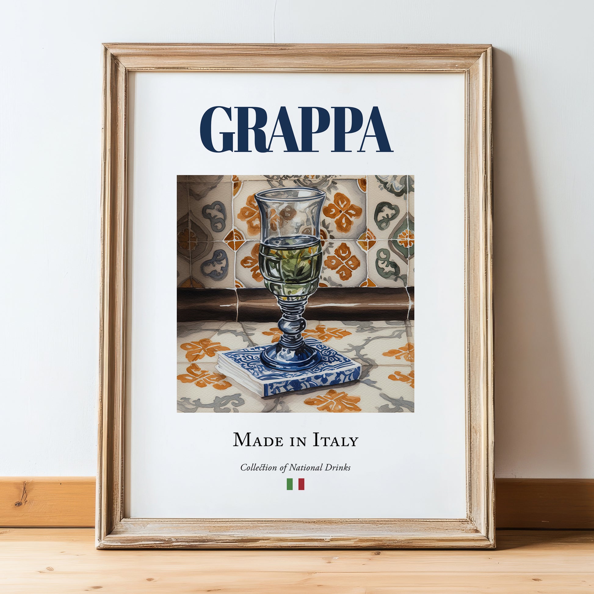 Grappa – Italian Spirit Drink, Jazz Bar Print, in wooden frame leaning on the floor