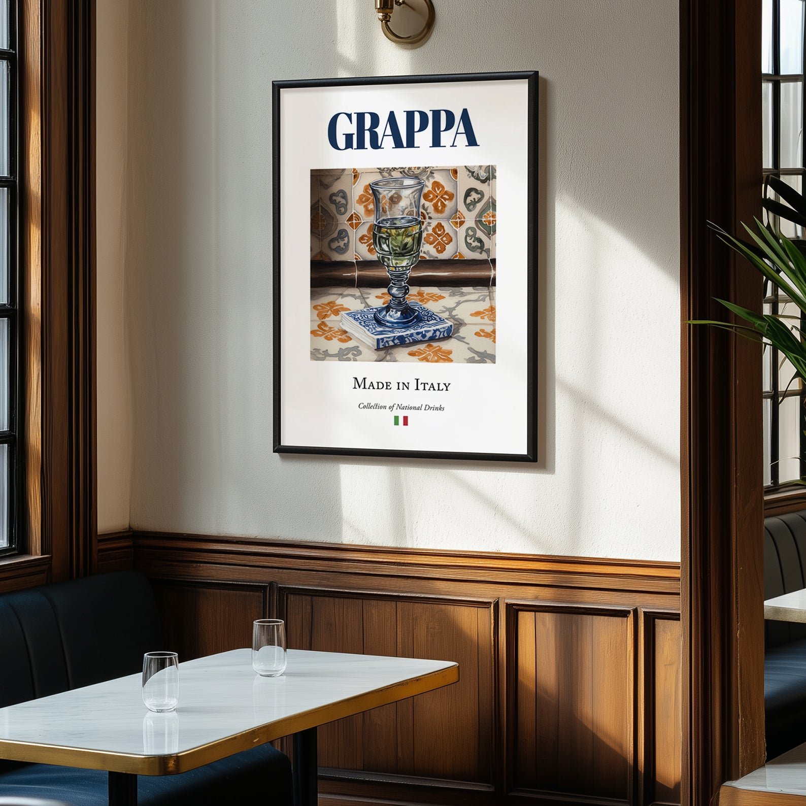 Grappa – Italian Spirit Drink, Jazz Bar Print, clean layout with no caption