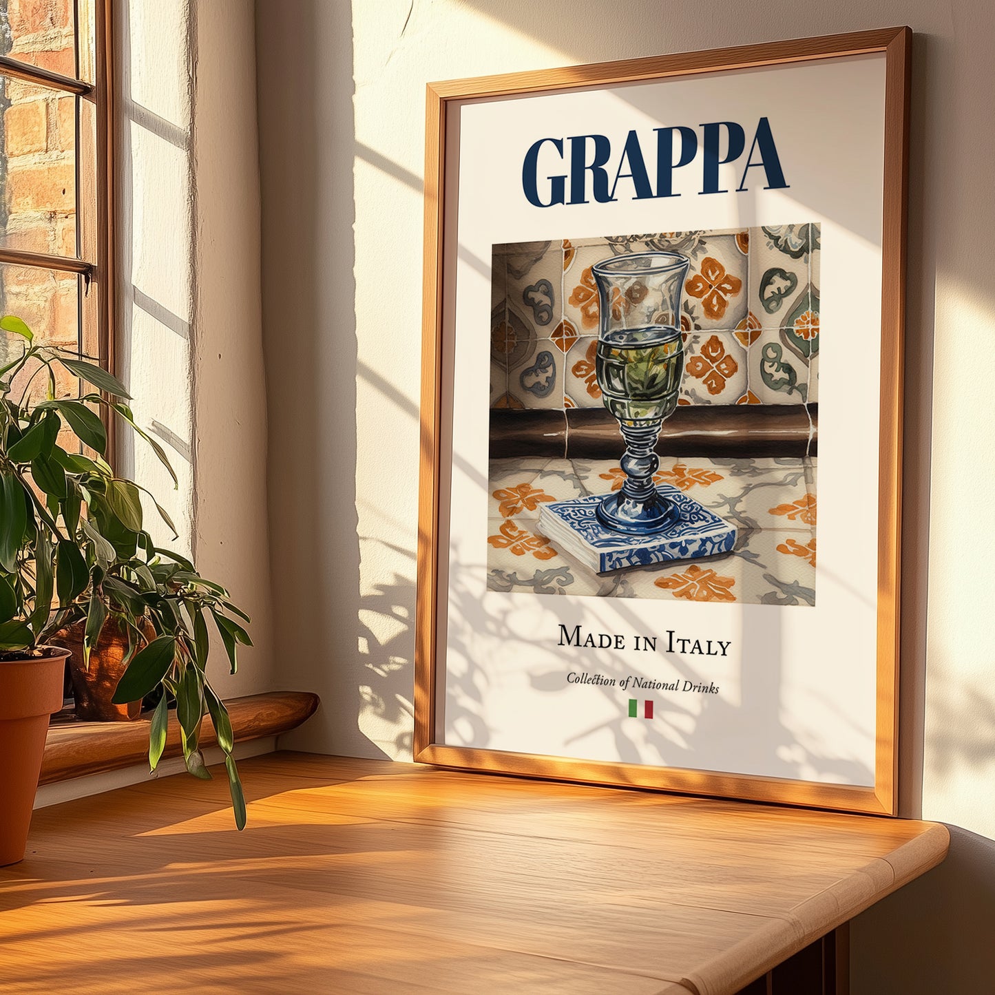Grappa – Italian Spirit Drink, Jazz Bar Print, no-text version framed in wood