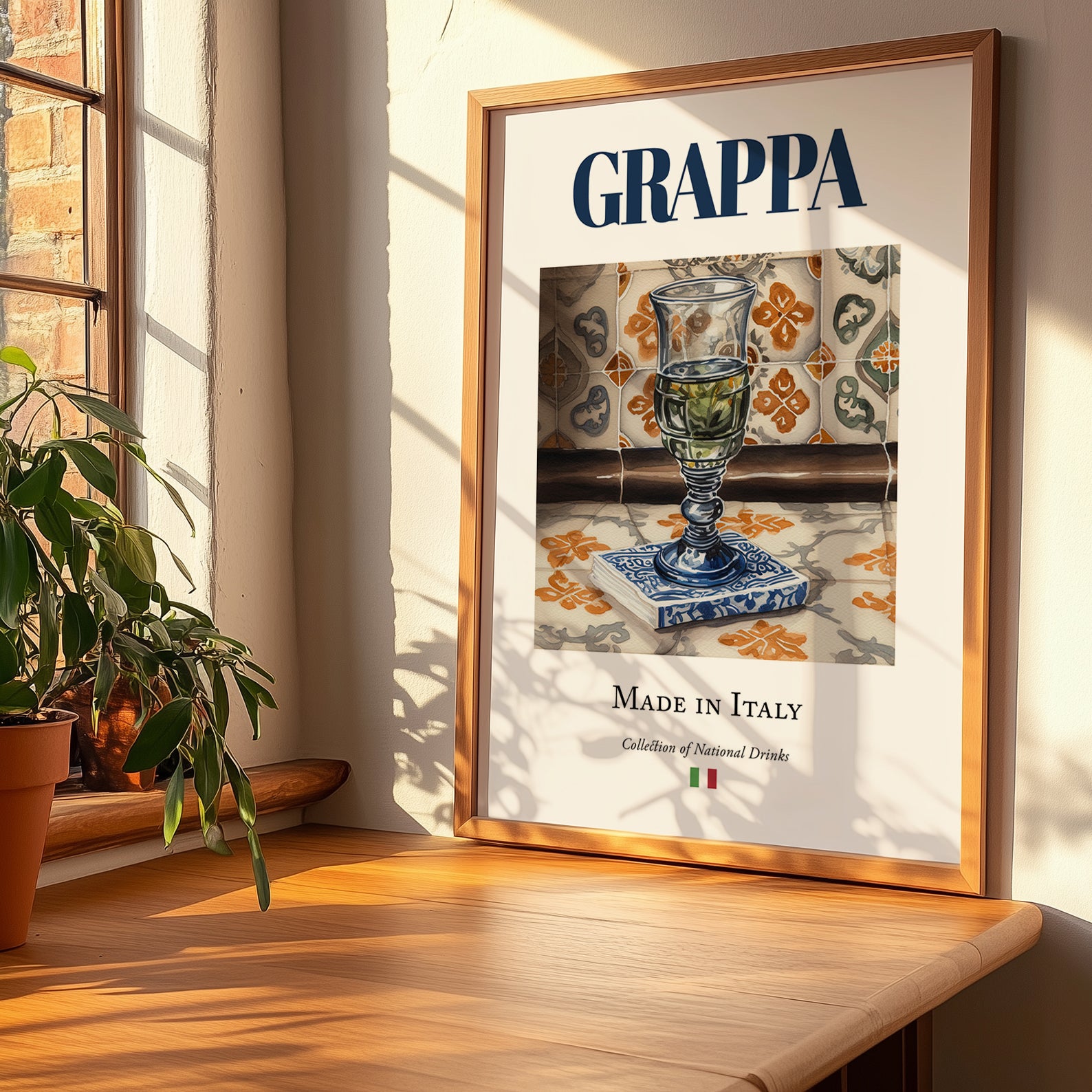 Grappa – Italian Spirit Drink, Jazz Bar Print, no-text version framed in wood