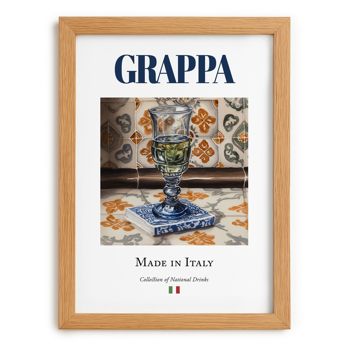 Grappa – Italian Spirit Drink, Jazz Bar Print, set in oak frame