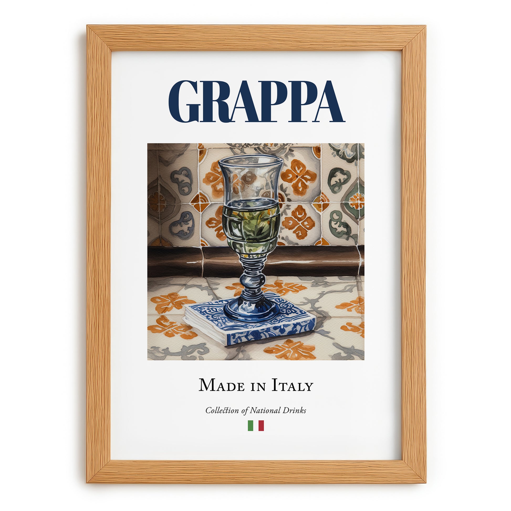 Grappa – Italian Spirit Drink, Jazz Bar Print, set in oak frame