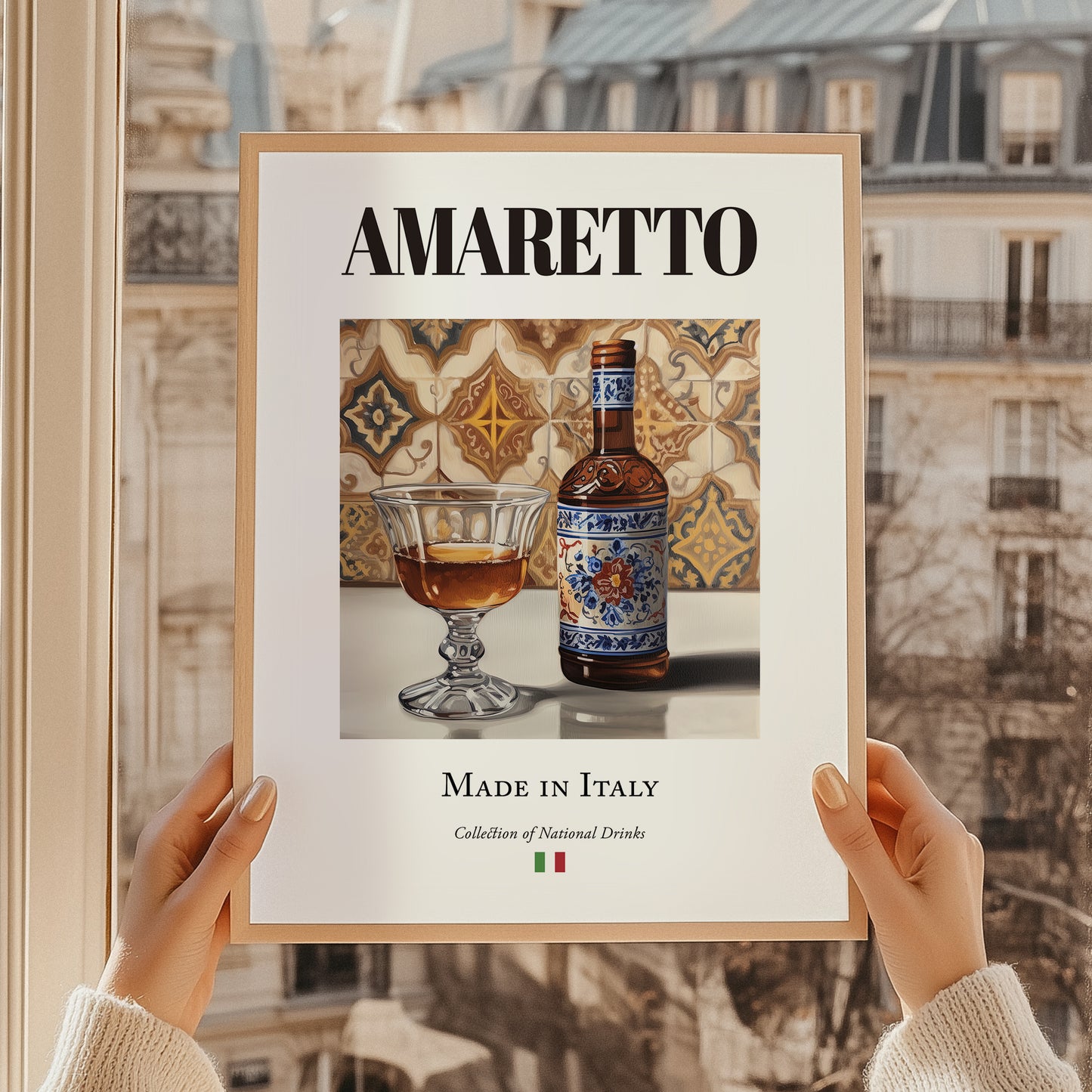 Amaretto – Italian Liqueur Drink, Cocktail Lounge Wall Decor, styled in a charming Paris street view