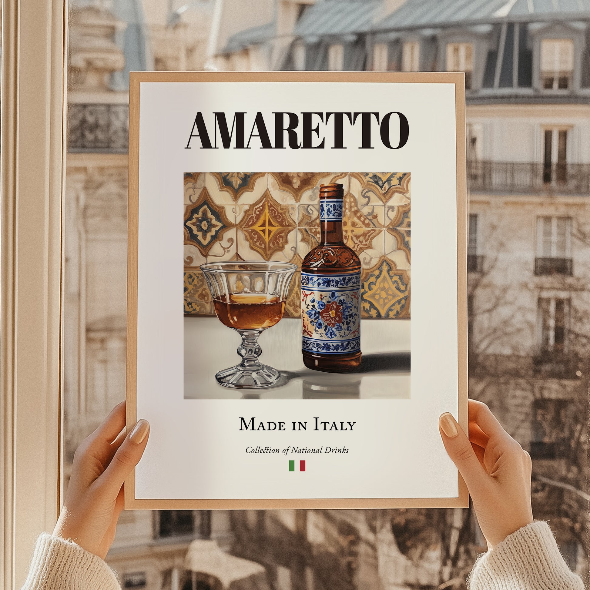 Amaretto – Italian Liqueur Drink, Cocktail Lounge Wall Decor, styled in a charming Paris street view