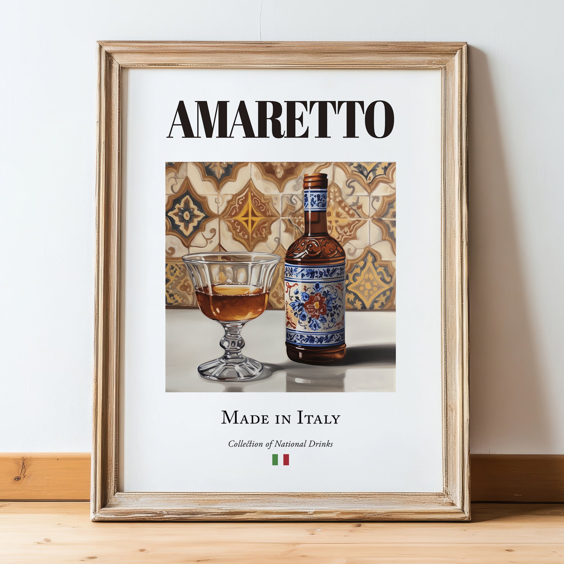 Amaretto – Italian Liqueur Drink, Cocktail Lounge Wall Decor, in wooden frame leaning on the floor