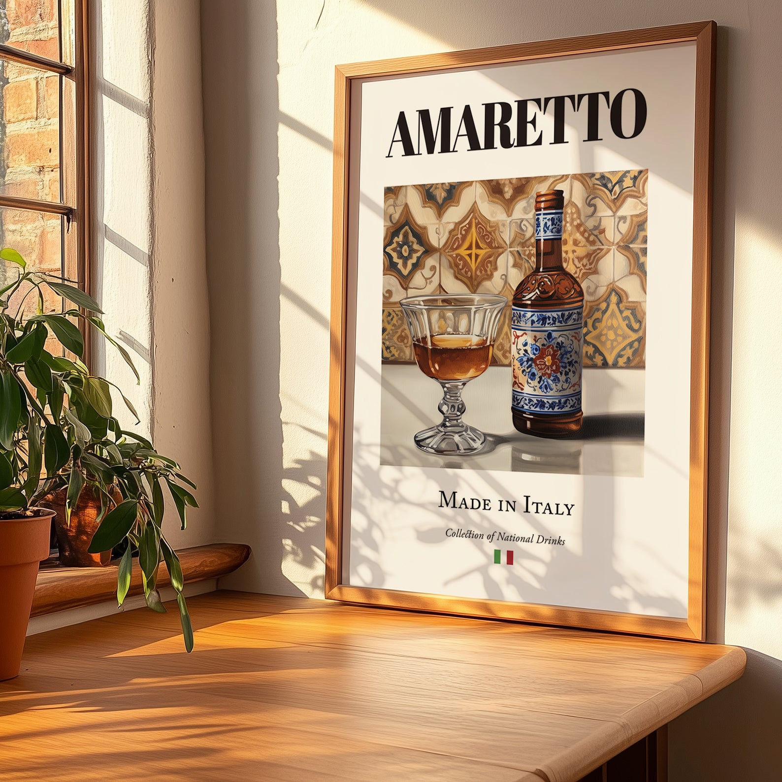 Amaretto – Italian Liqueur Drink, Cocktail Lounge Wall Decor, no-text version framed in wood