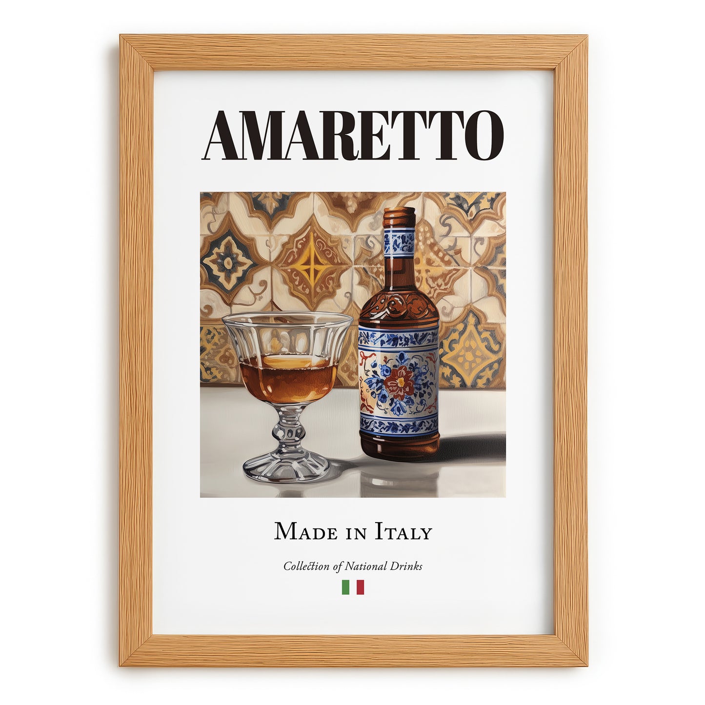 Amaretto – Italian Liqueur Drink, Cocktail Lounge Wall Decor, set in oak frame