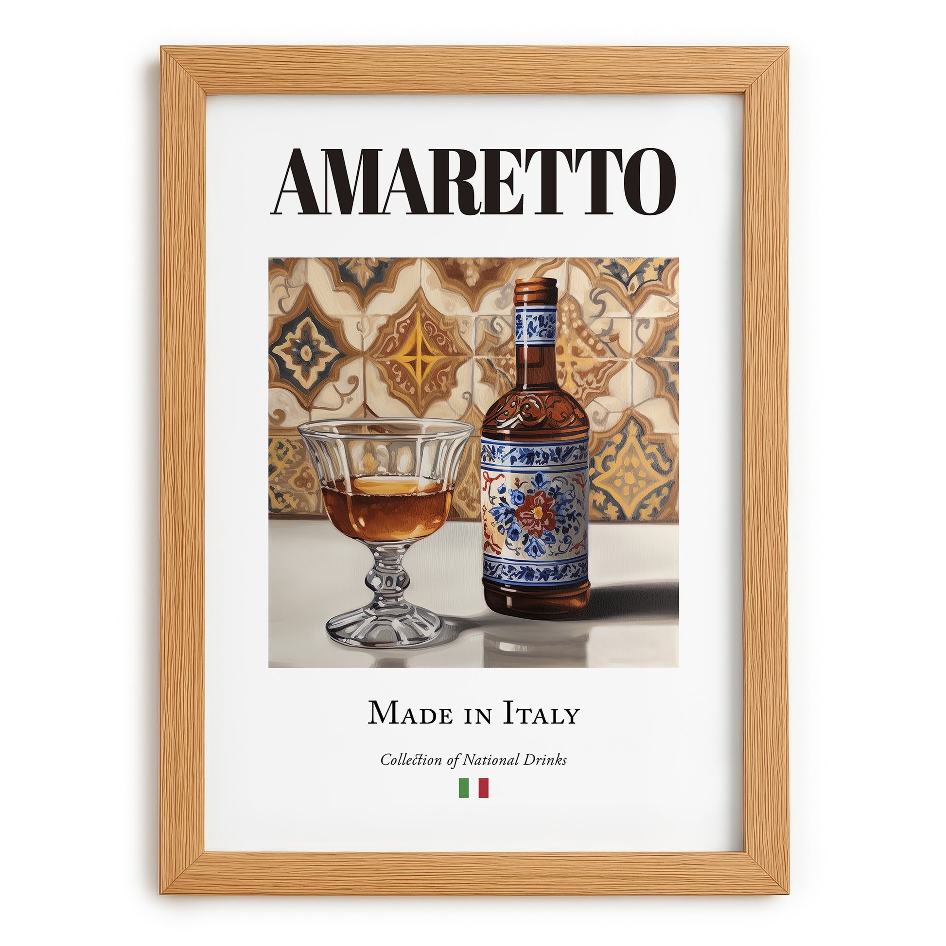 Amaretto – Italian Liqueur Drink, Cocktail Lounge Wall Decor, set in oak frame