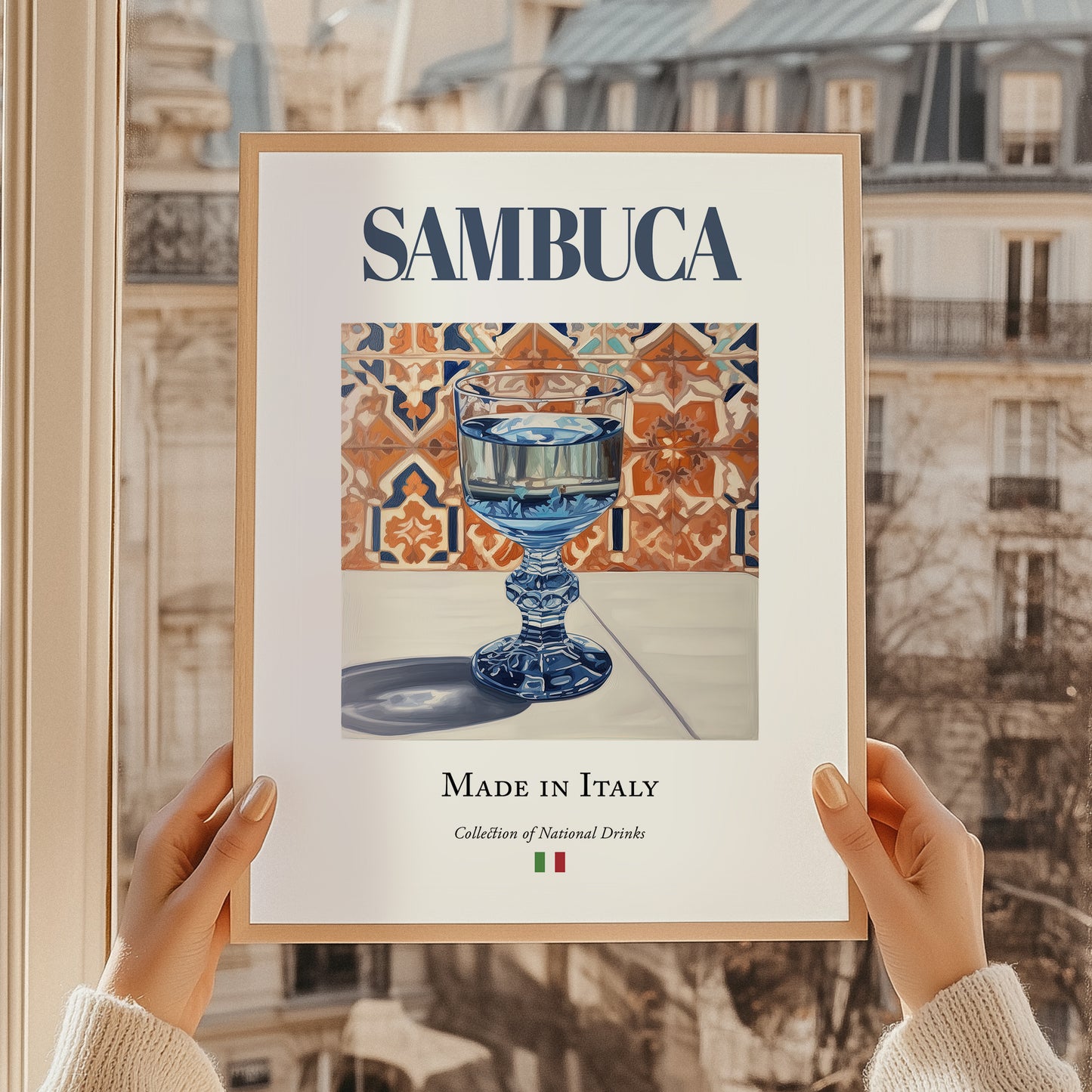 Sambuca – Italian Spirit Drink, Beach Bar Print, styled in a charming Paris street view