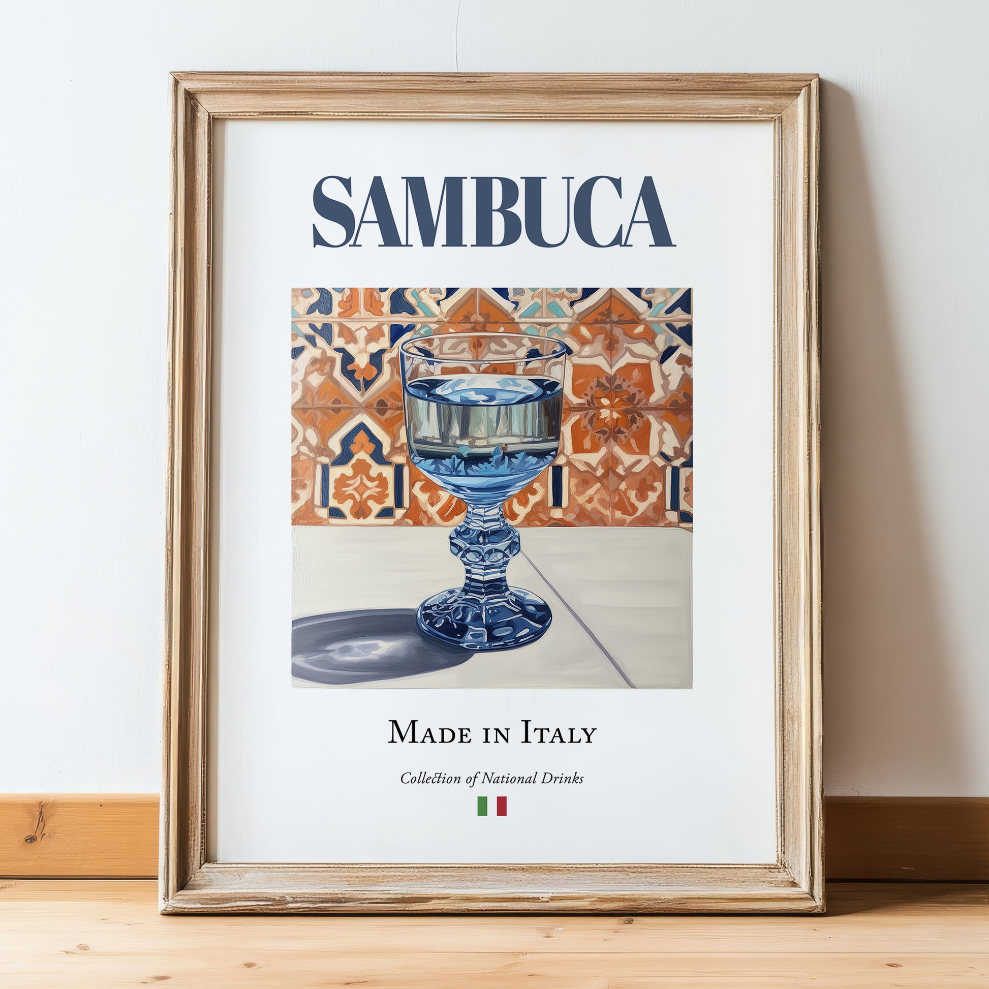 Sambuca – Italian Spirit Drink, Beach Bar Print, in wooden frame leaning on the floor
