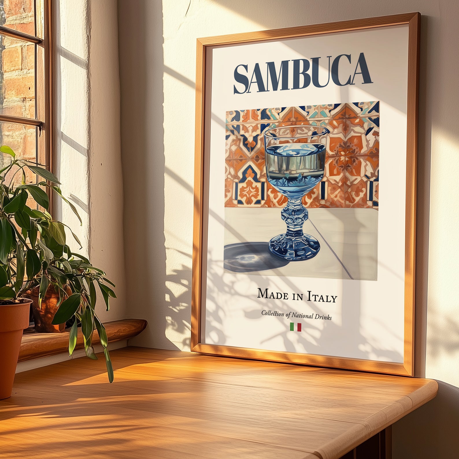 Sambuca – Italian Spirit Drink, Beach Bar Print, no-text version framed in wood