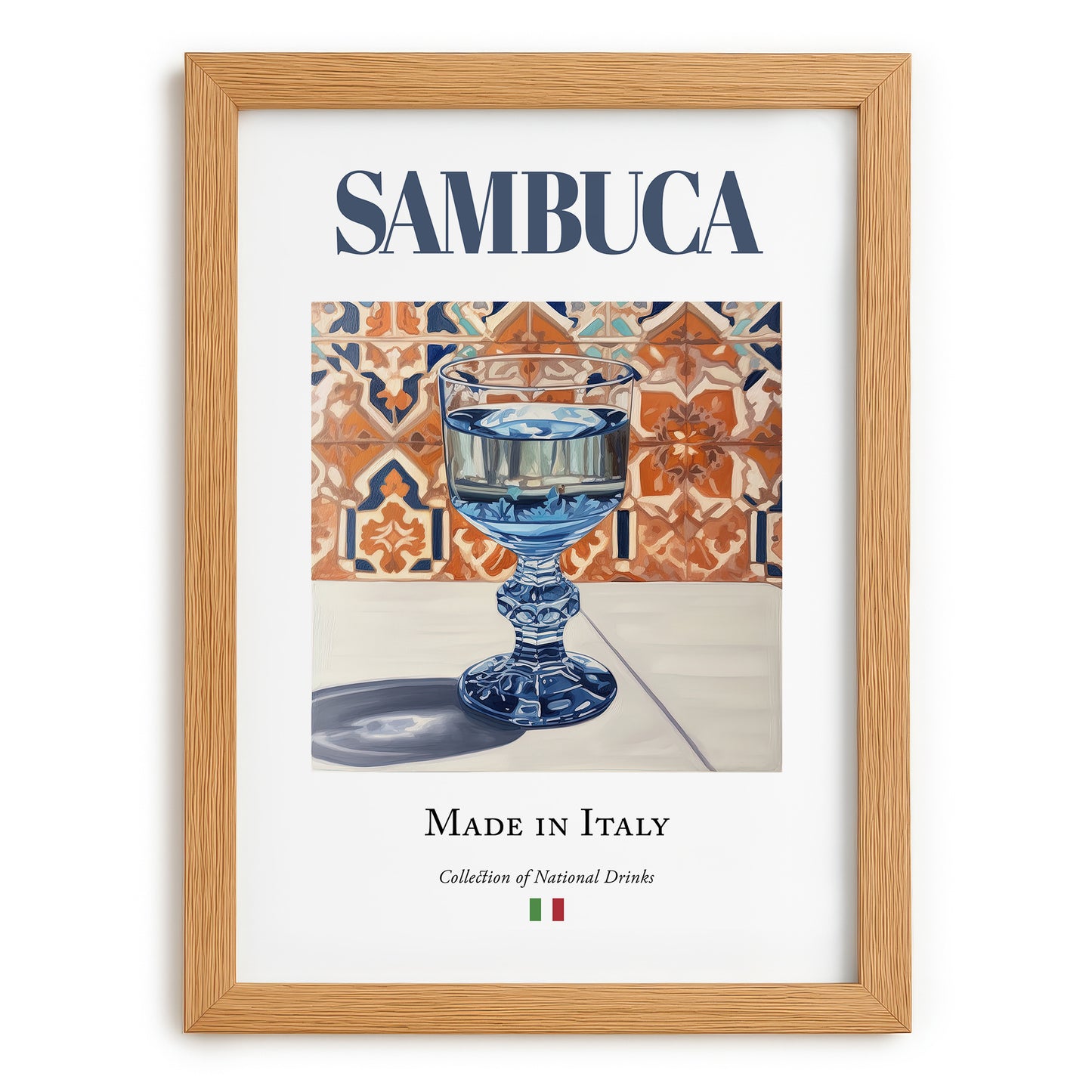 Sambuca – Italian Spirit Drink, Beach Bar Print, set in oak frame